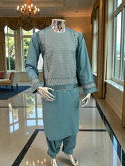 Men’s Teal Kameez with White and Teal Machine Embroidery – Medium Size | Premium Afghan Traditional Wear