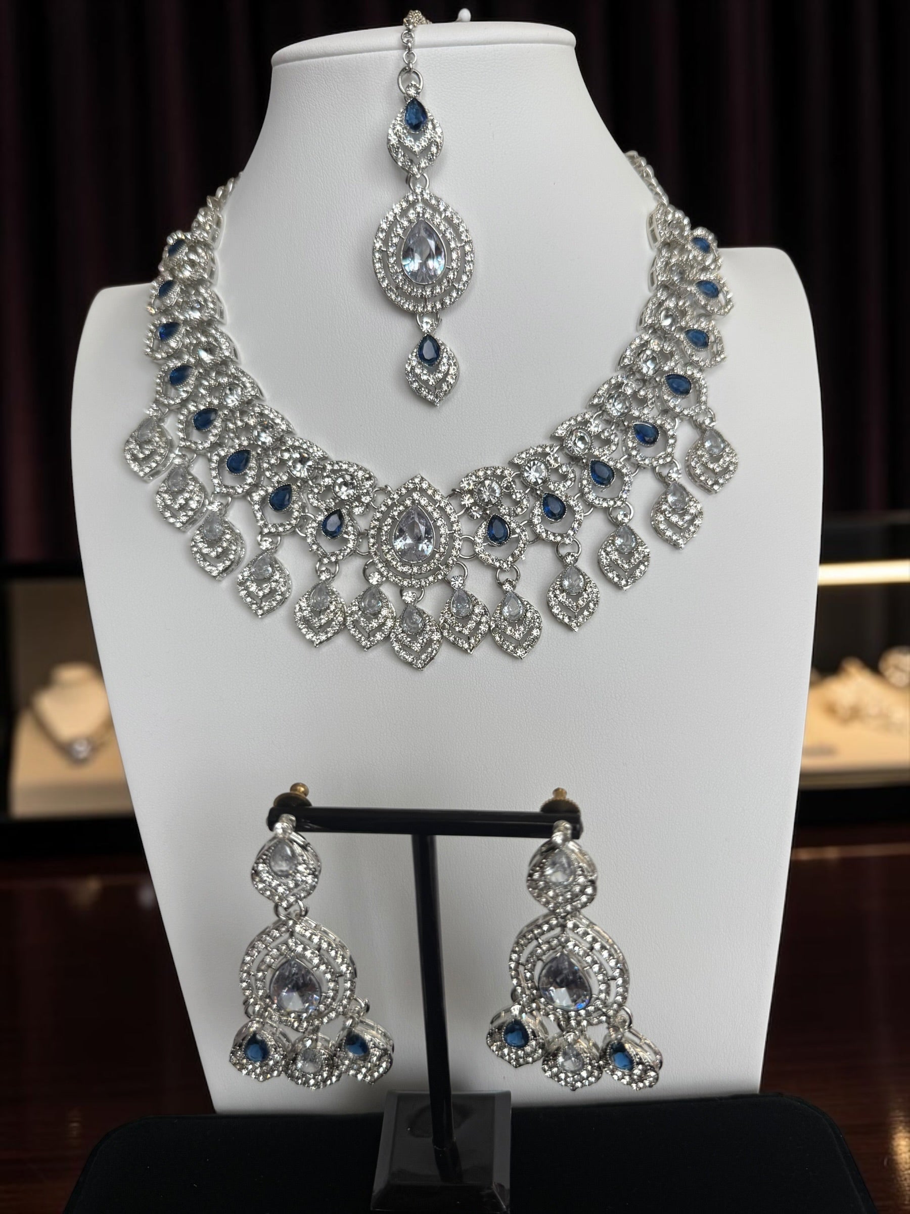 American Diamond Necklace, Earrings & Maang Tikka Jewelry Set – 7 Colors