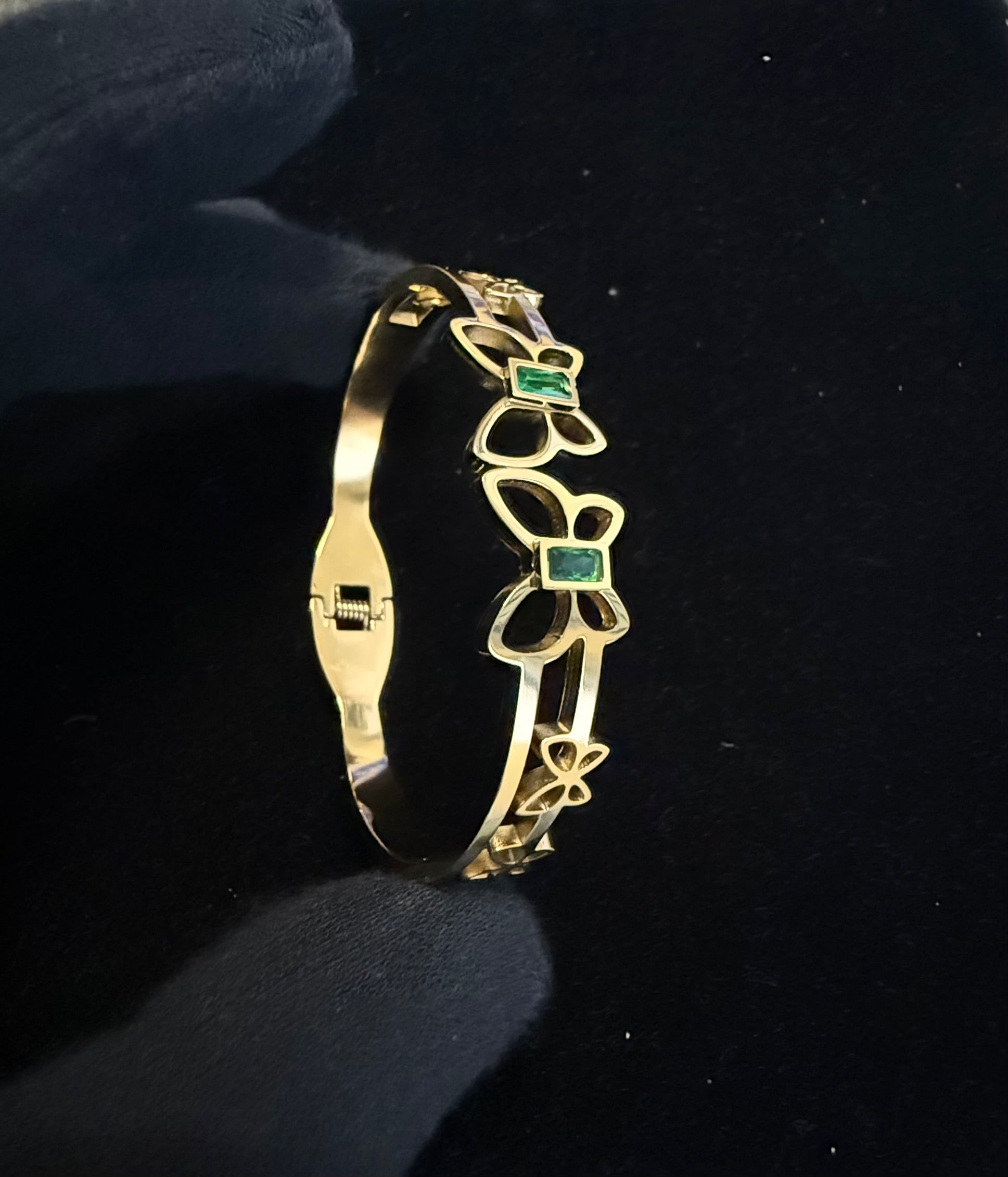 Gold Tone Stainless Steel Butterfly Bangle Bracelet with Green Stone Accents 8063