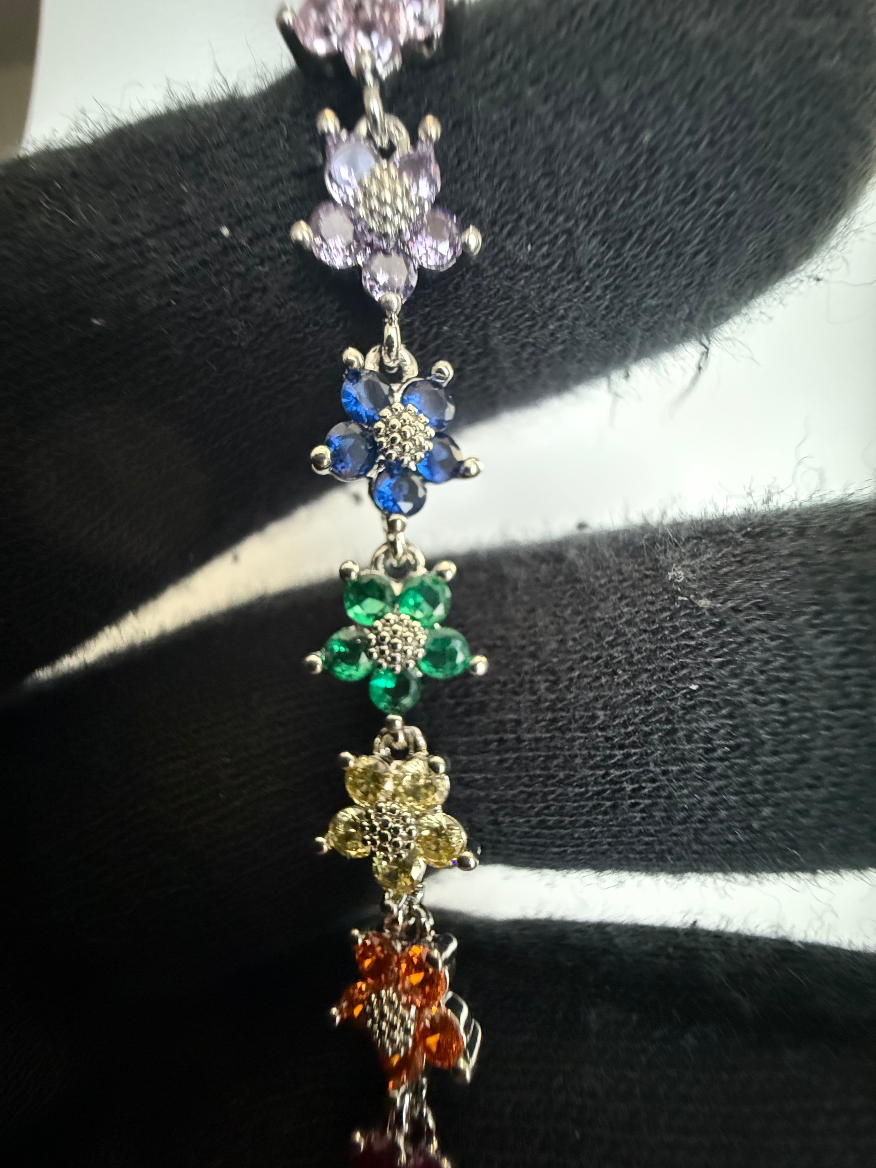 Multicolor Floral Crystal Bracelet – Rainbow Five-Petal Flower Silver-Tone Bracelet 7120