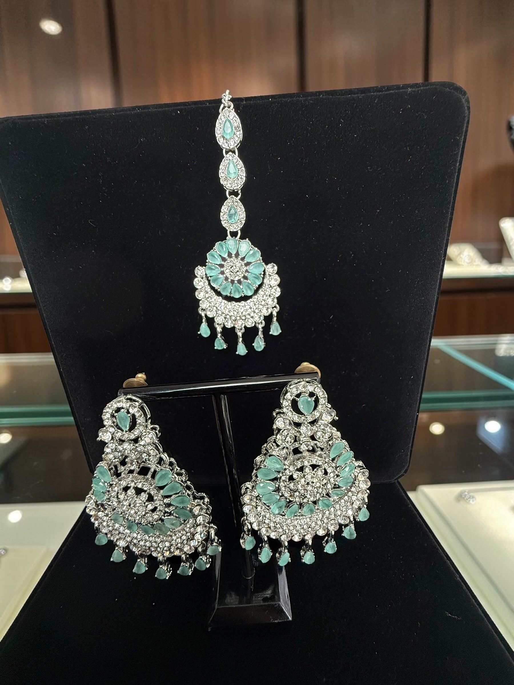 Indian Pakistani Afghan American Diamond Earrings with Maang Tikka Set | Bridal Chandbali Earrings | Wedding Jewelry Gift | 6 Color Options