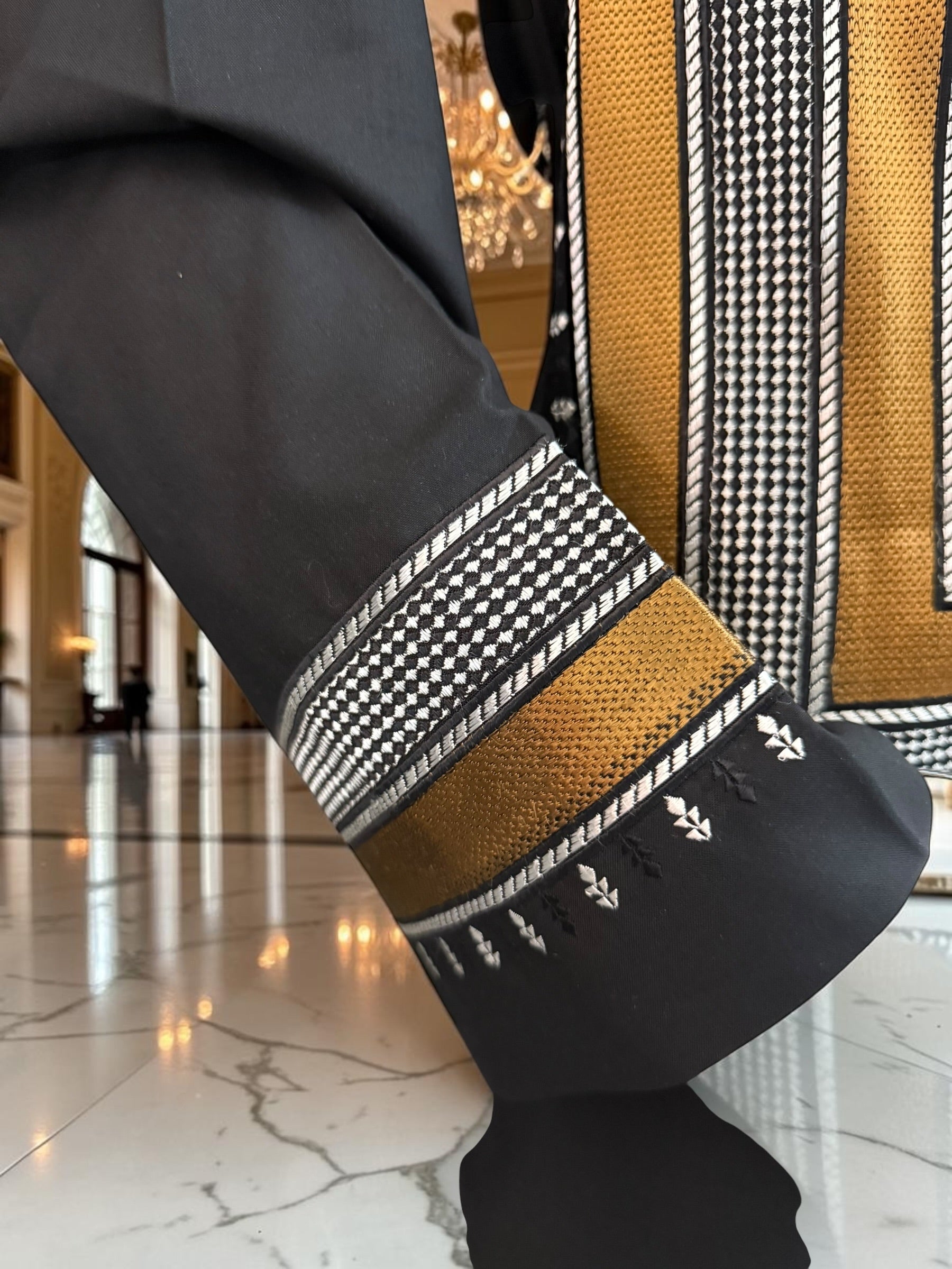 Large Men’s Black Parahan Tunban with White & Bronze Embroidery | Premium Afghan Traditional Wear – Luqmaan Boutique
