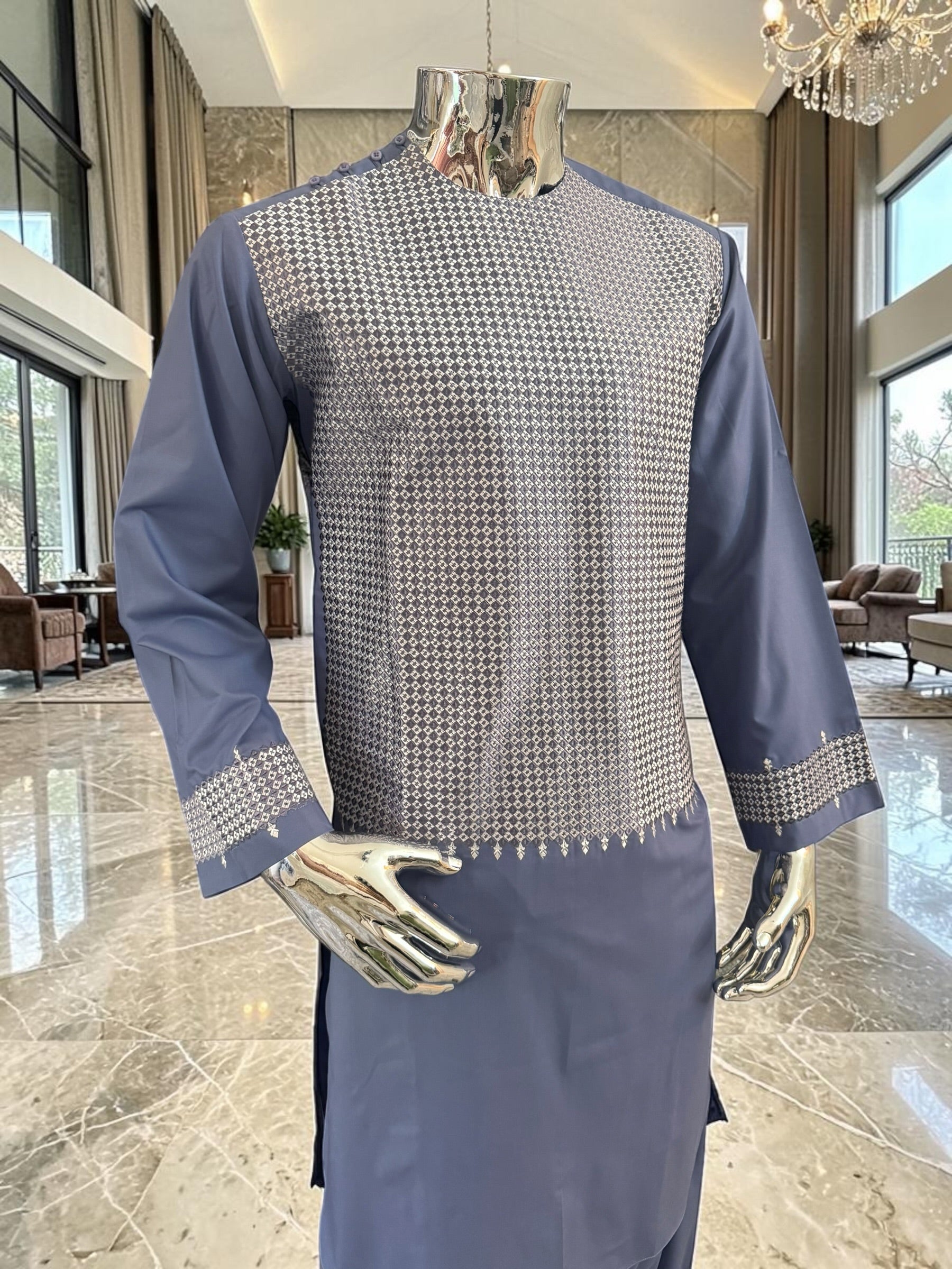 Small Afghan Parahan Tunban Kameese Shalwar Slate Blue Silver Machine Embroidery