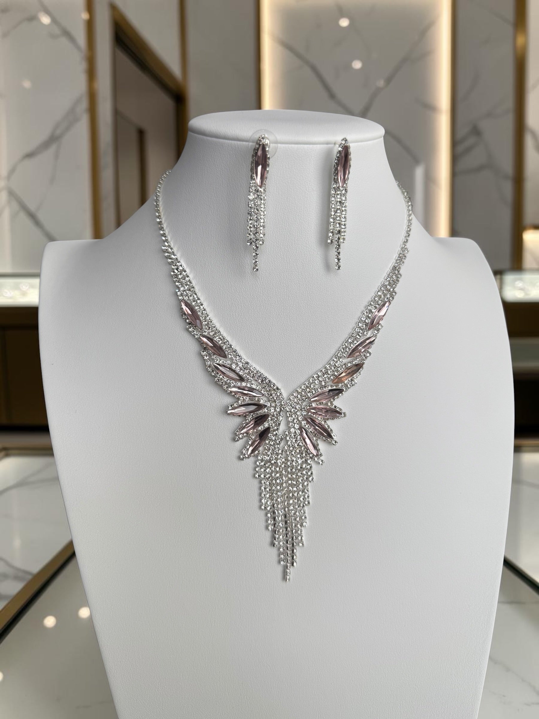 Crystal Rhinestone Statement Necklace & Earrings Set – Silver-Tone Leaf Design with Tassel, 7 Color Options, Jewelry Box Included