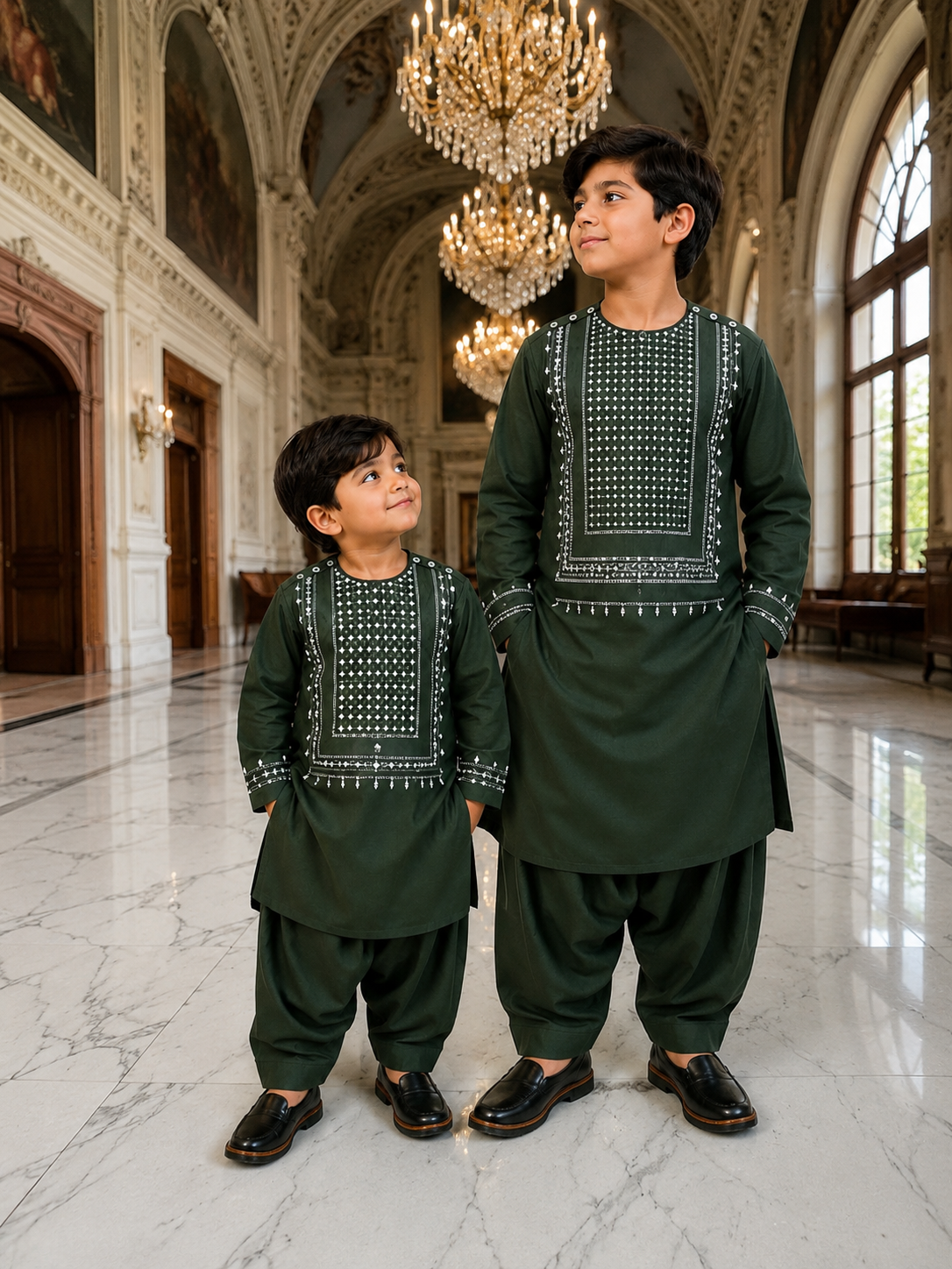 Traditional Afghan Clothing for Boys – Forest Green Embroidered Set Design 23