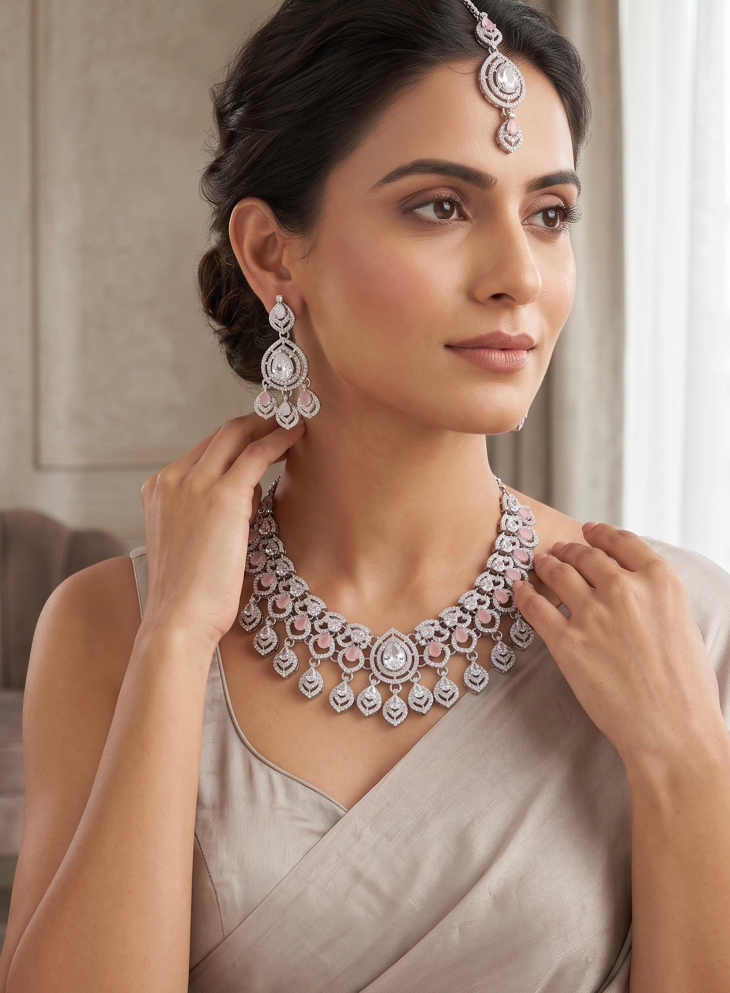 American Diamond Necklace, Earrings & Maang Tikka Jewelry Set – 7 Colors