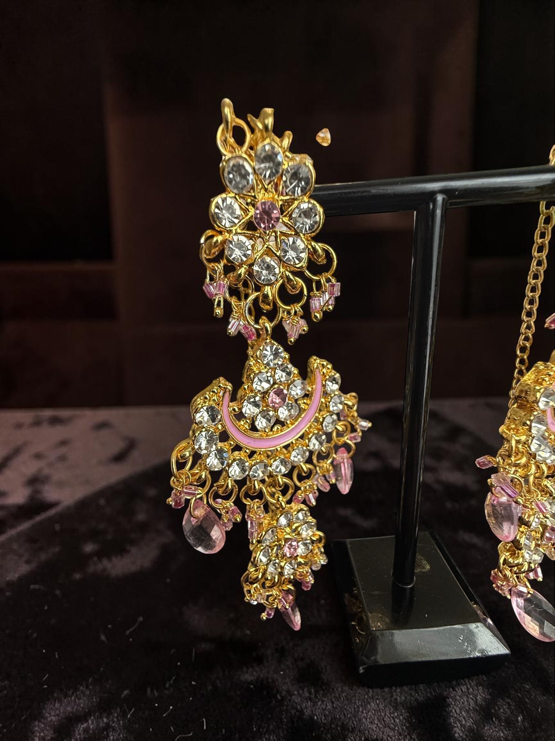 Pink Indian Pakistani Afghan Bridal Jewelry Set with Earrings & Maang Tikka | Gold Tone Crystal Rhinestone Necklace Set | Gift Box Included 7012