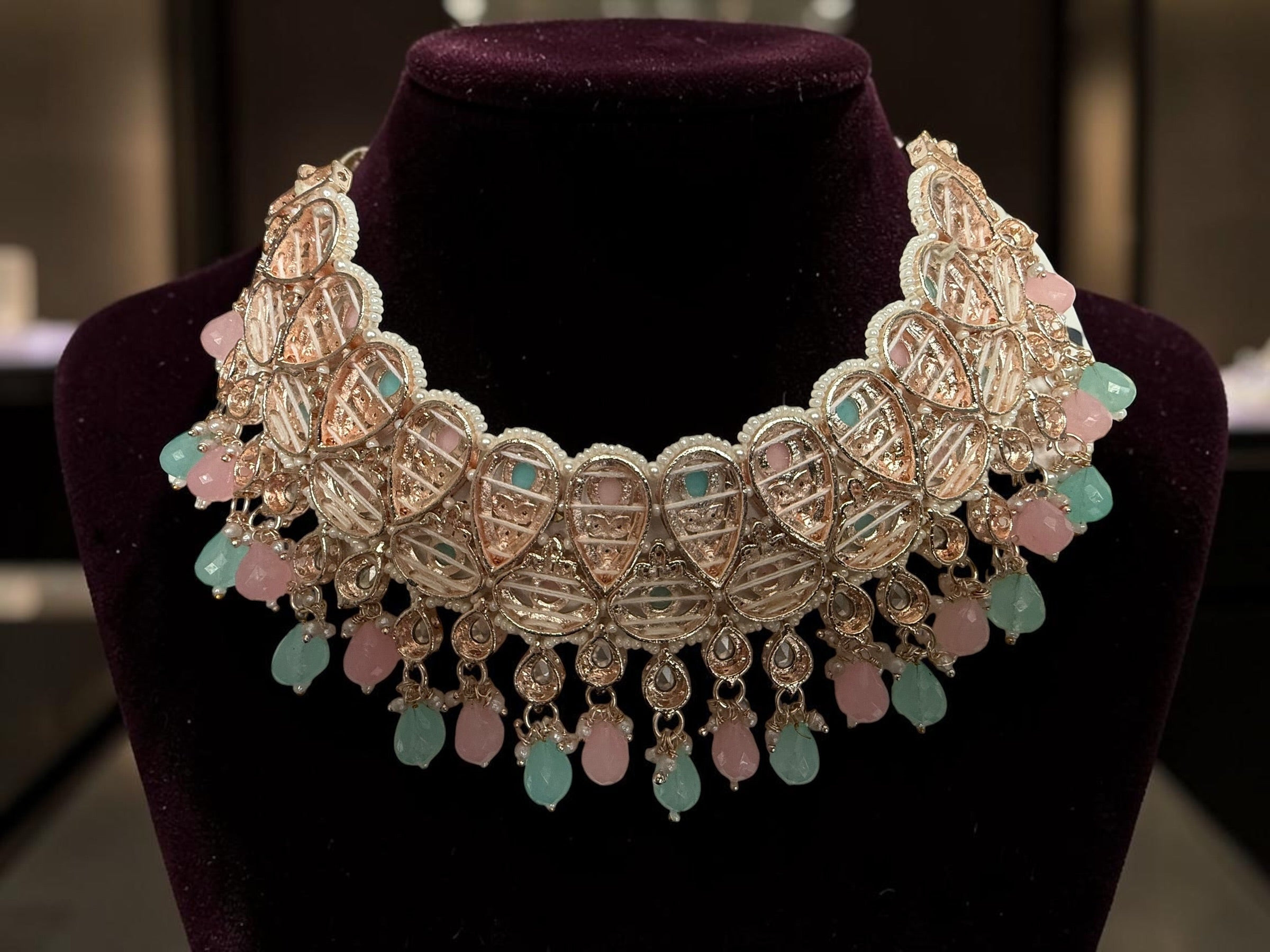 Pastel Pink & Aqua Kundan Bridal Jewelry Set with Earrings and Maang Tikka | Rose Gold Indian Pakistani Afghan Wedding Necklace | Gift Box Included 6051