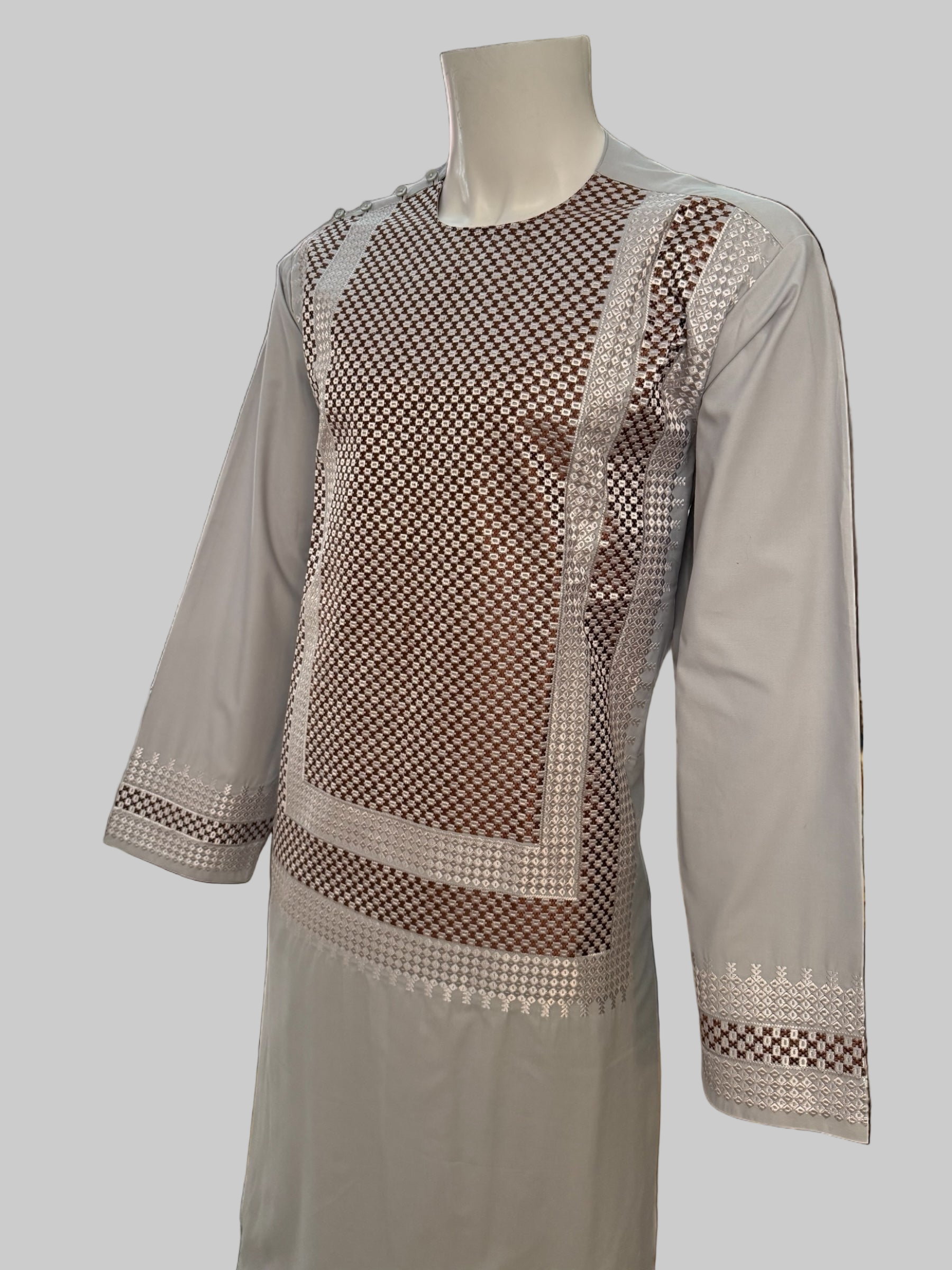 Men’s Silver Kameez with Brown Machine Embroidery – XXL | Luqmaan Boutique
