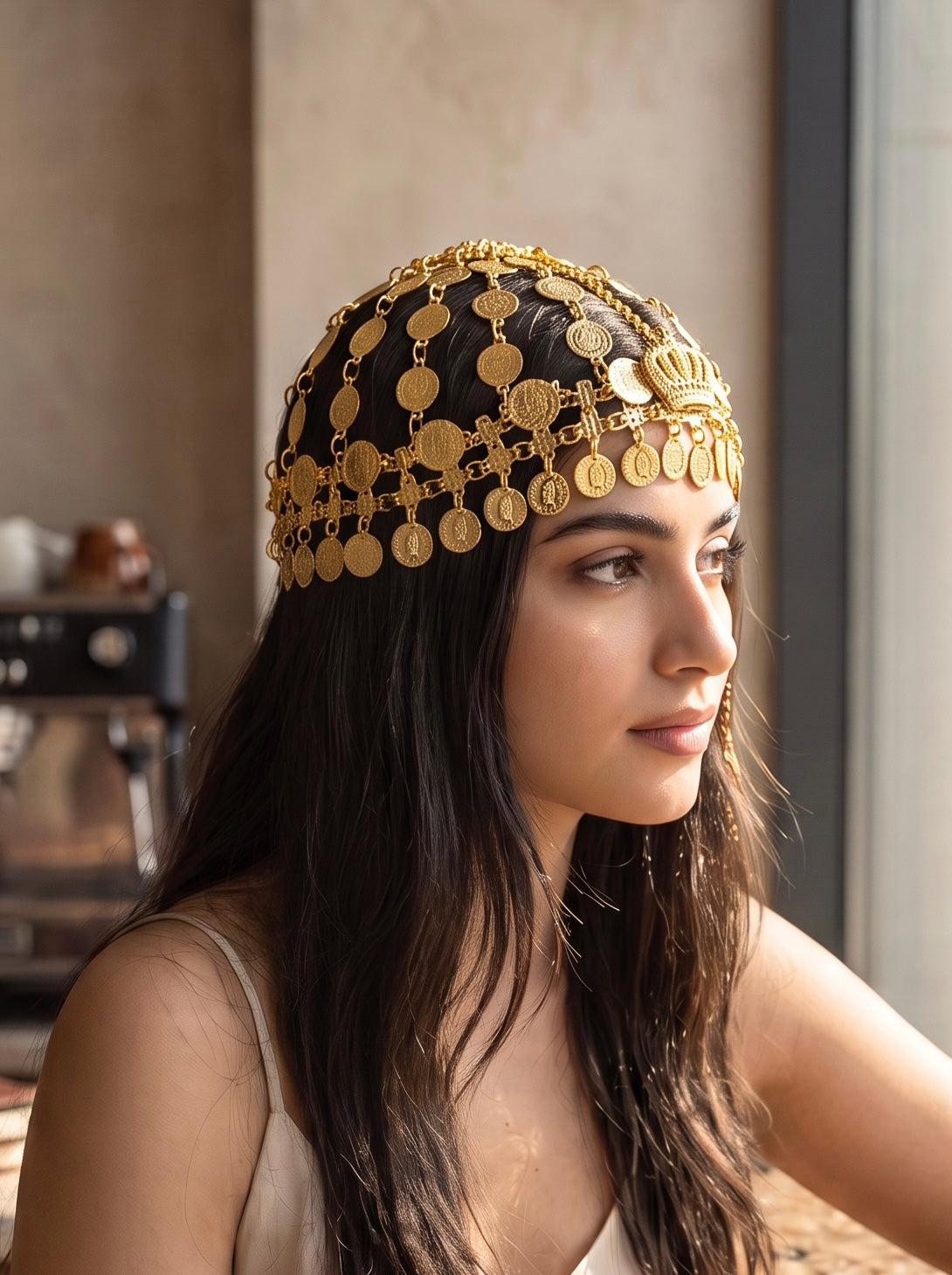 Gold-Tone middle eastern Coin Hat for Women – Traditional Bridal Head Cap, Festival Coin Headdress 7000