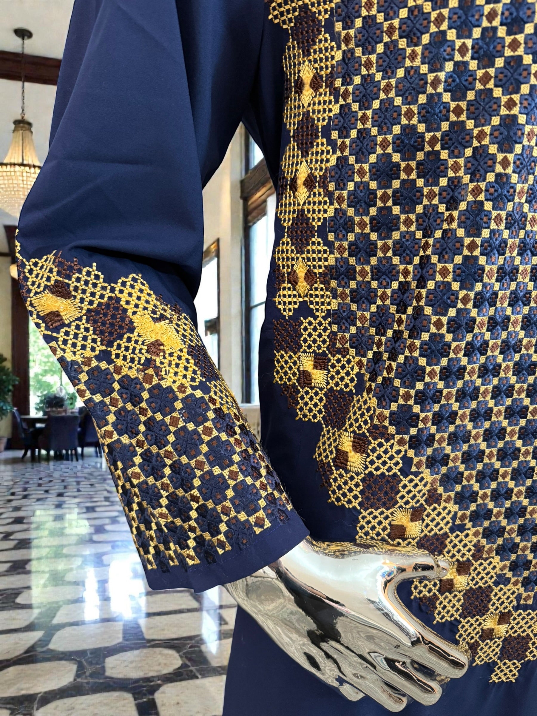 Men’s Navy Blue Kameez – Navy with Gold Machine Embroidery | XL Size Afghan Traditional Wear