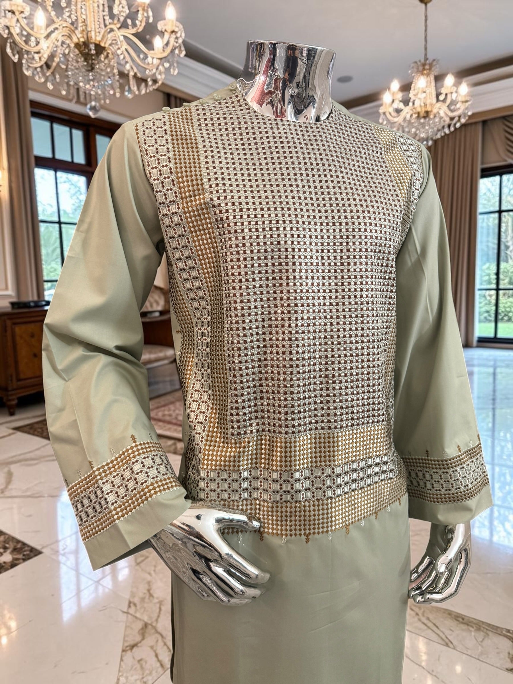 Large Sage Green Afghan Parahan Tunban with Gold and Brown Embroidery | Traditional Men’s Afghan Outfit