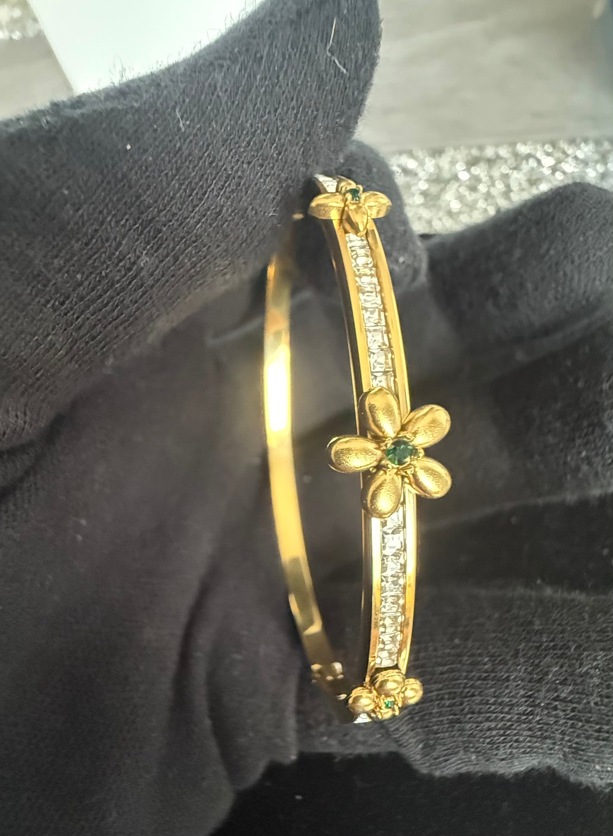 Stainless Steel Floral Crystal Bangle Bracelet – Gold or Silver