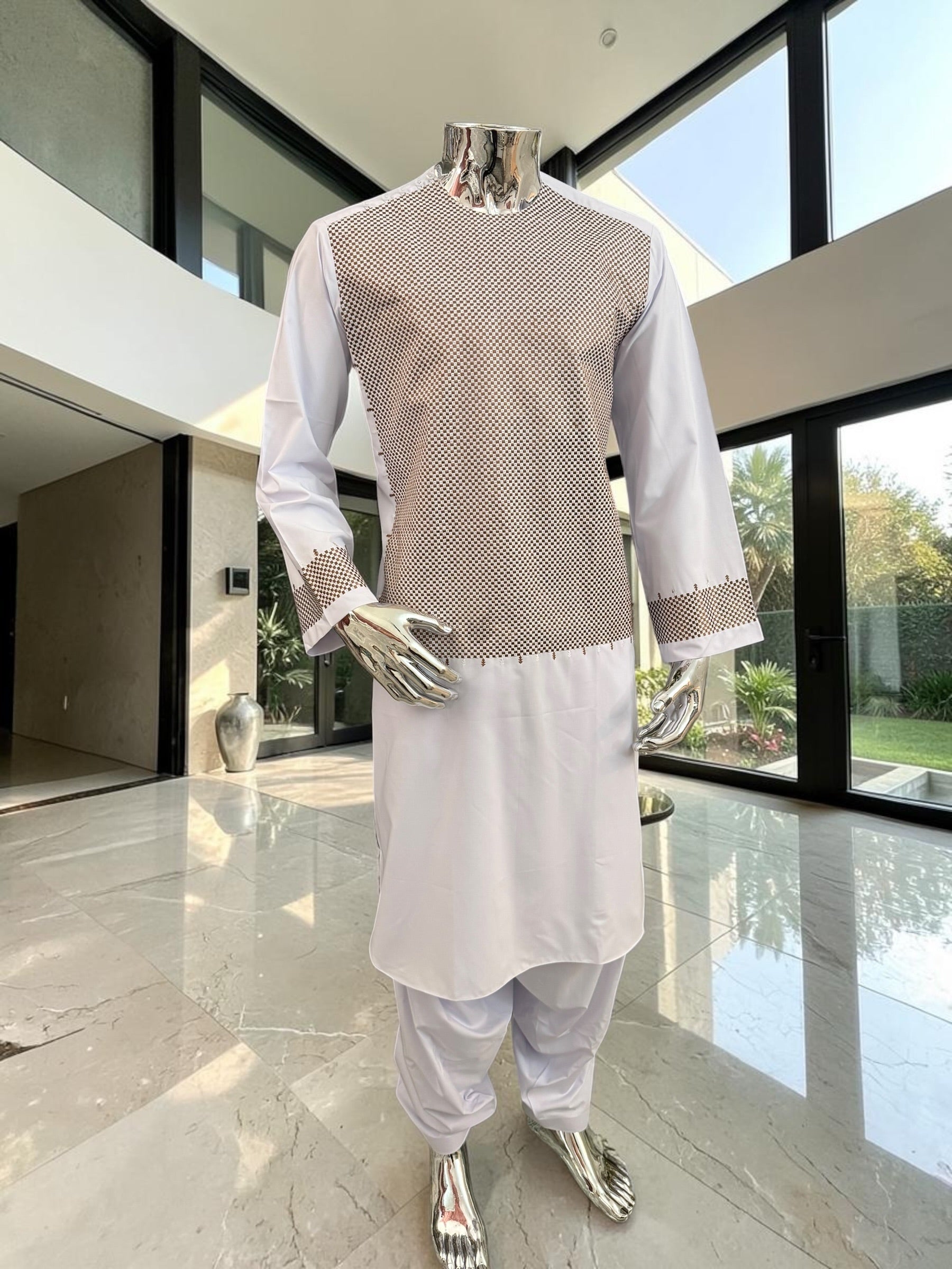 Medium White Premium Machine Embroidered Afghan Parahan Tunban Set