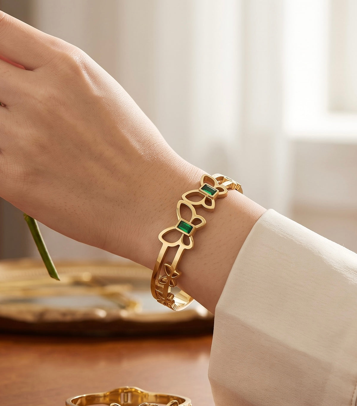 Gold Tone Stainless Steel Butterfly Bangle Bracelet with Green Stone Accents 8063