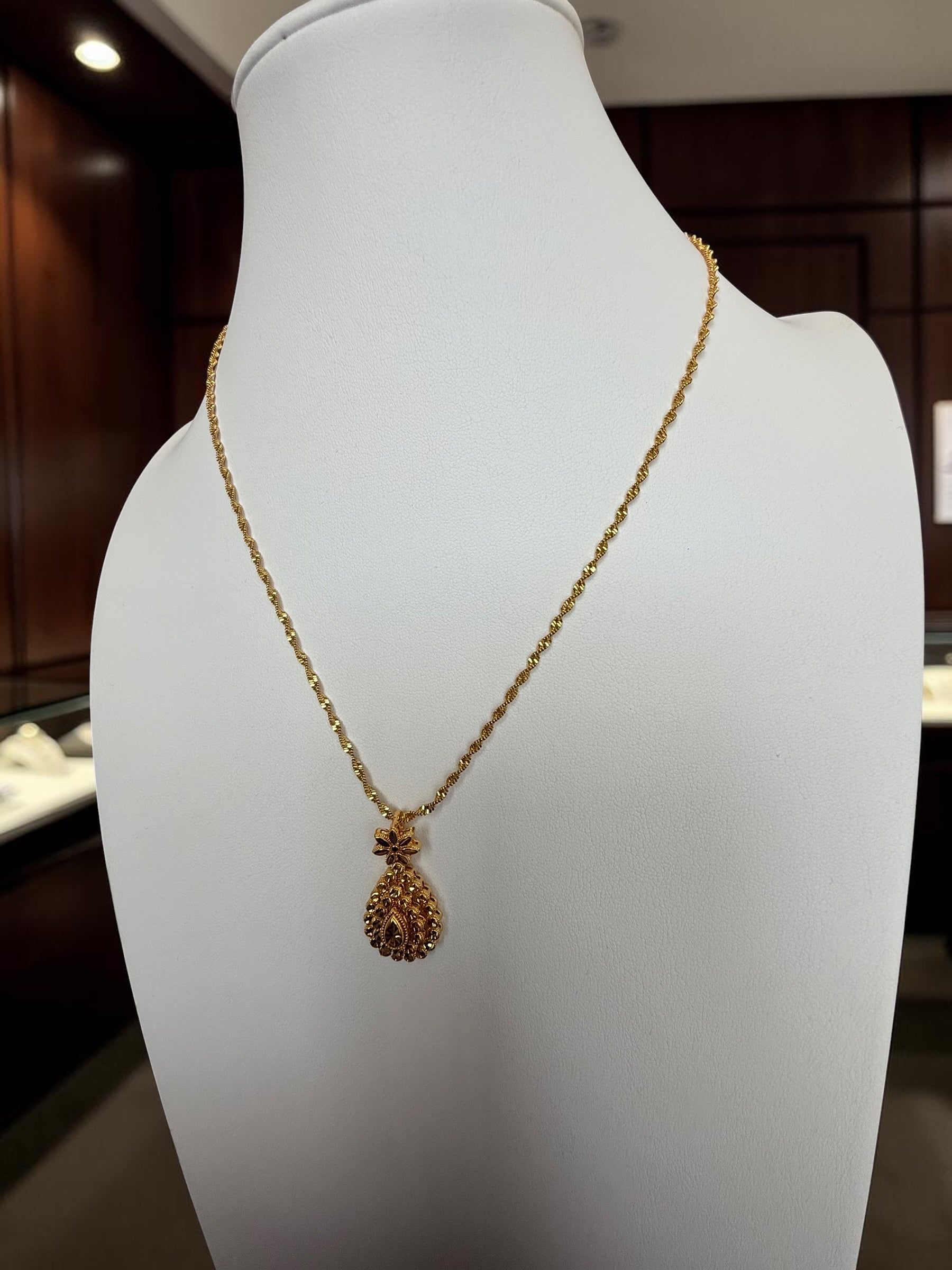 Gold Plated Brass Teardrop Pendant Necklace & Dangle Earrings Set for Women | Lightweight Traditional Jewelry 6090