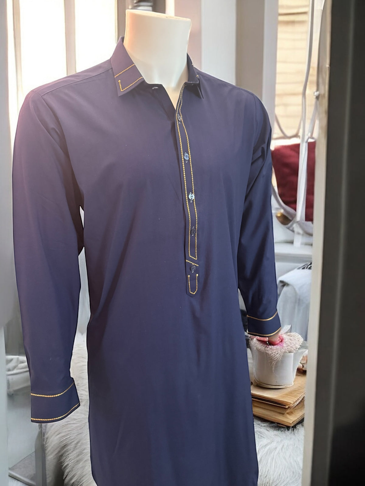 Afghan Parahan Tunban Kameese Shalwar with Minimal Embroidery Navy Medium