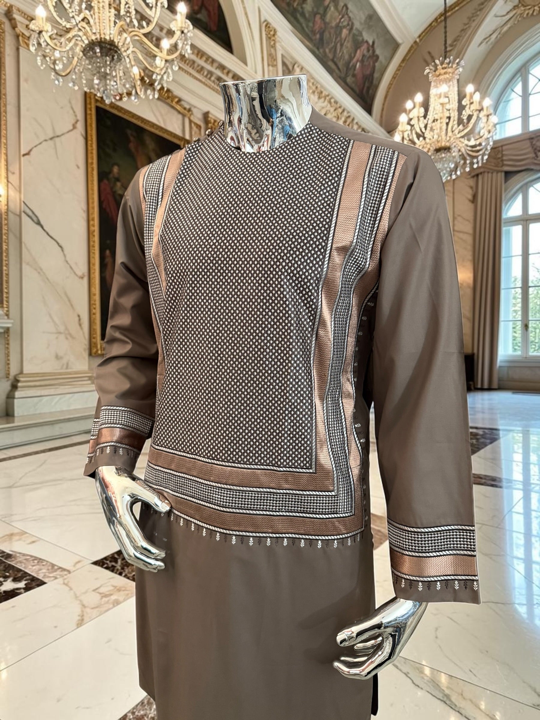 Small Taupe Brown Embroidered Men’s Parahan Tunban Yakhandozi – Premium Traditional Kandahari Yakhan