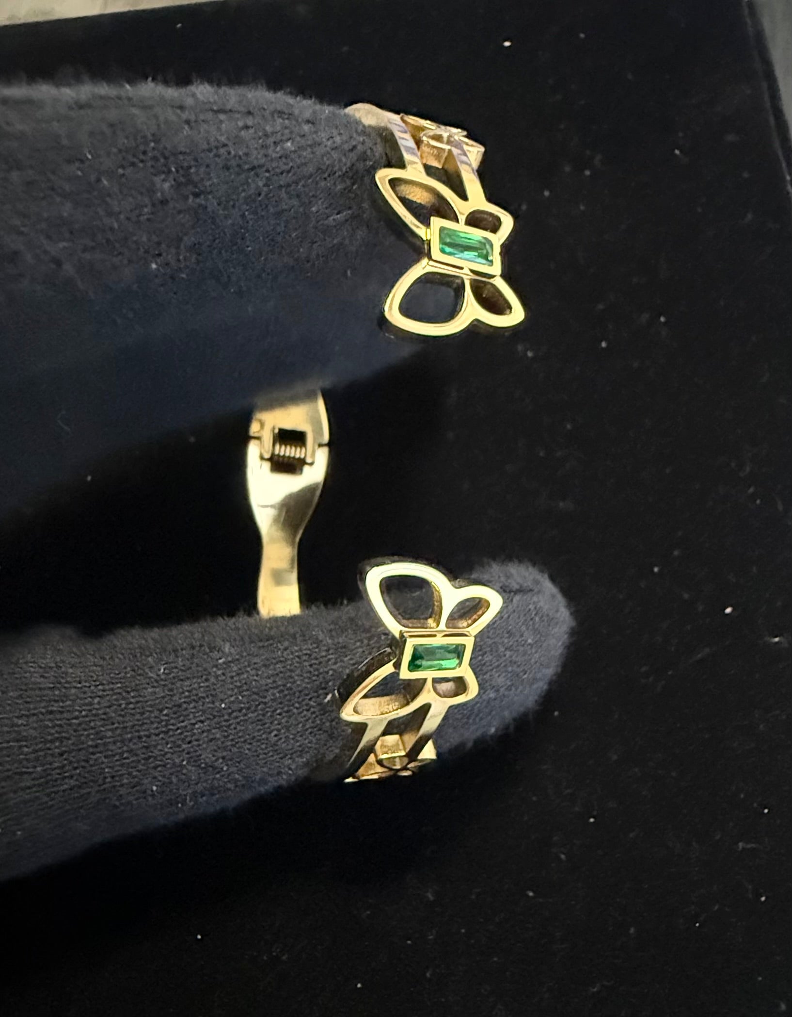 Gold Tone Stainless Steel Butterfly Bangle Bracelet with Green Stone Accents 8063