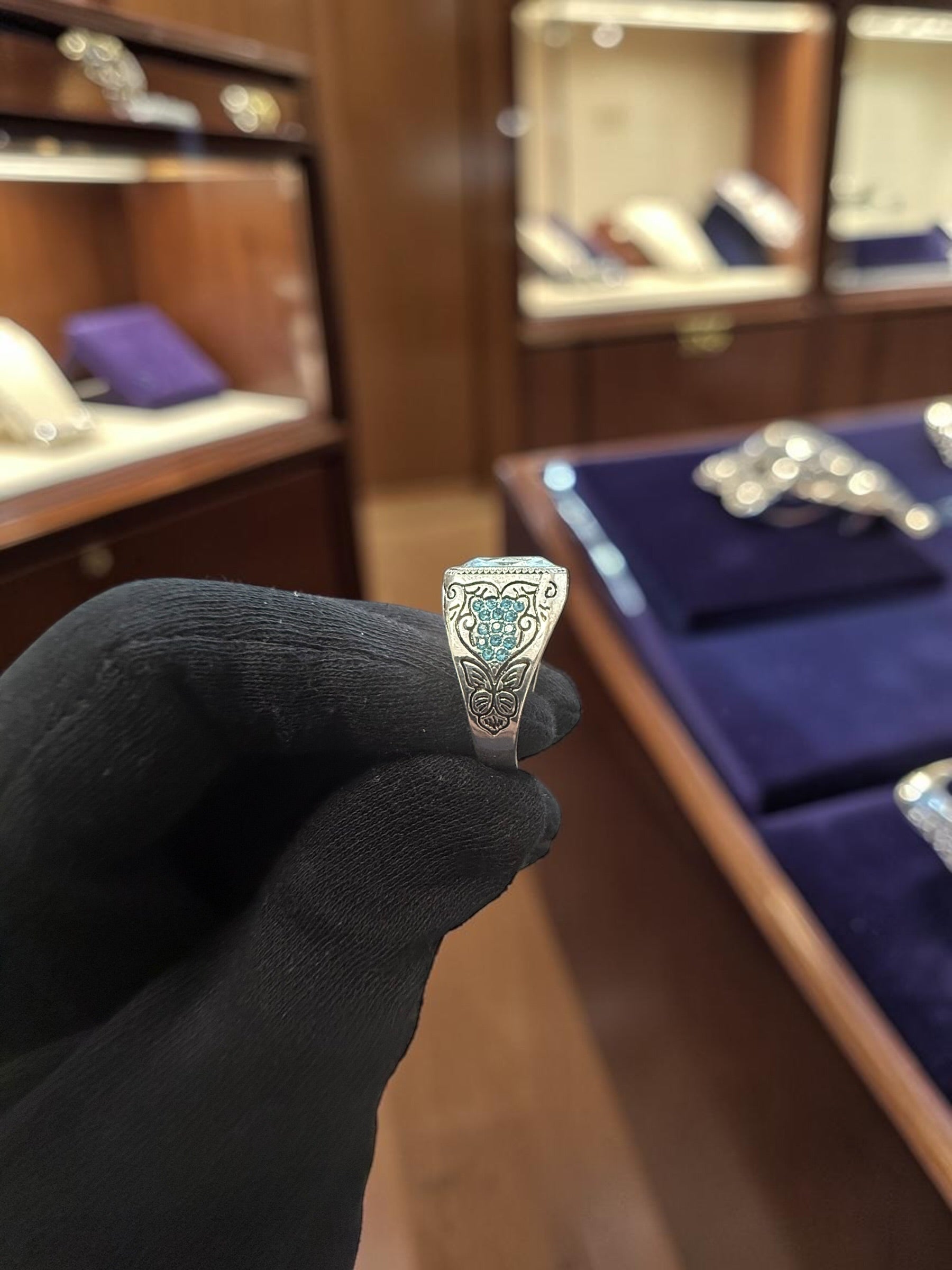 Men’s Vintage Light Blue Zircon Signet Ring – Turkish Inspired Silver Tone Carved Statement Ring | Antique Style Cocktail Ring A5