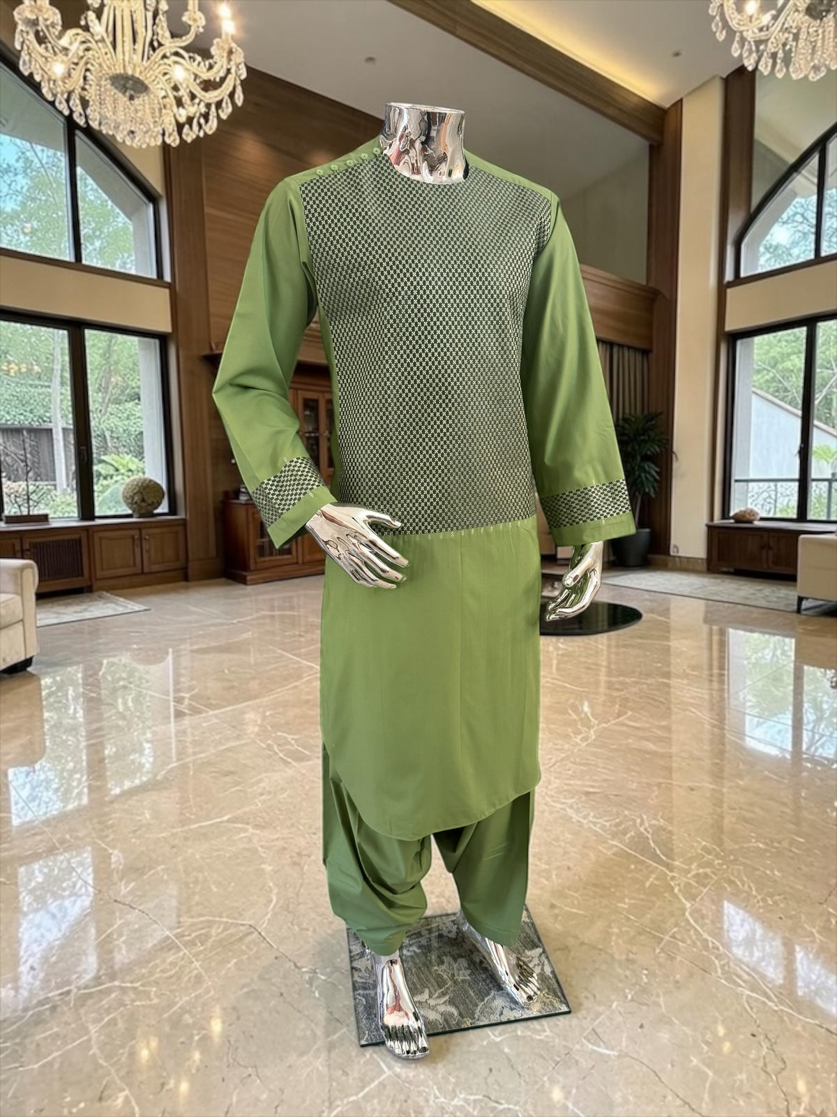Medium Afghan Parahan Tunban Kameese Shalwar Green Machine Embroidery