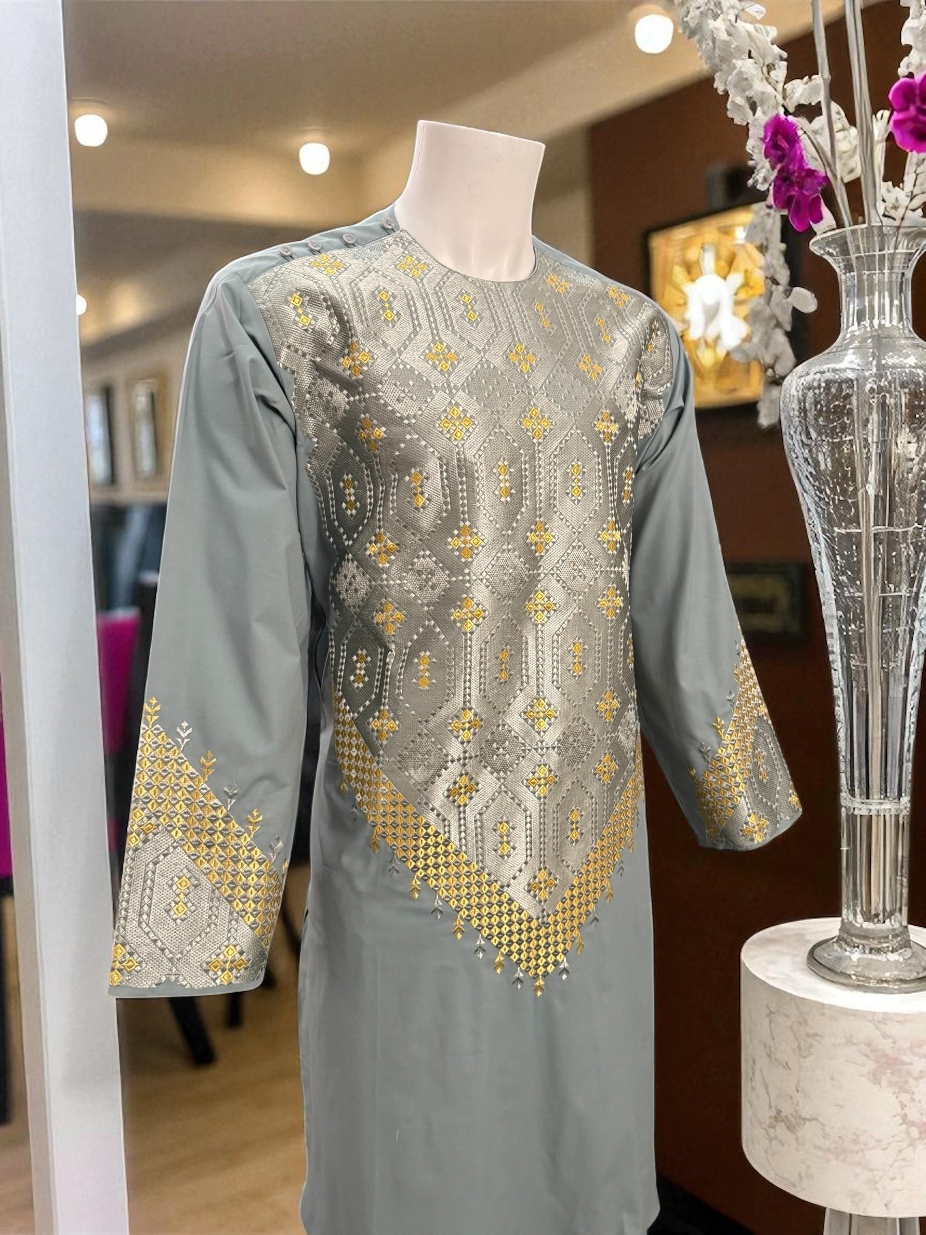 Men’s Sage Green Kameez – Sage Green with Gold Machine Embroidery | XL Size Afghan Traditional Wear