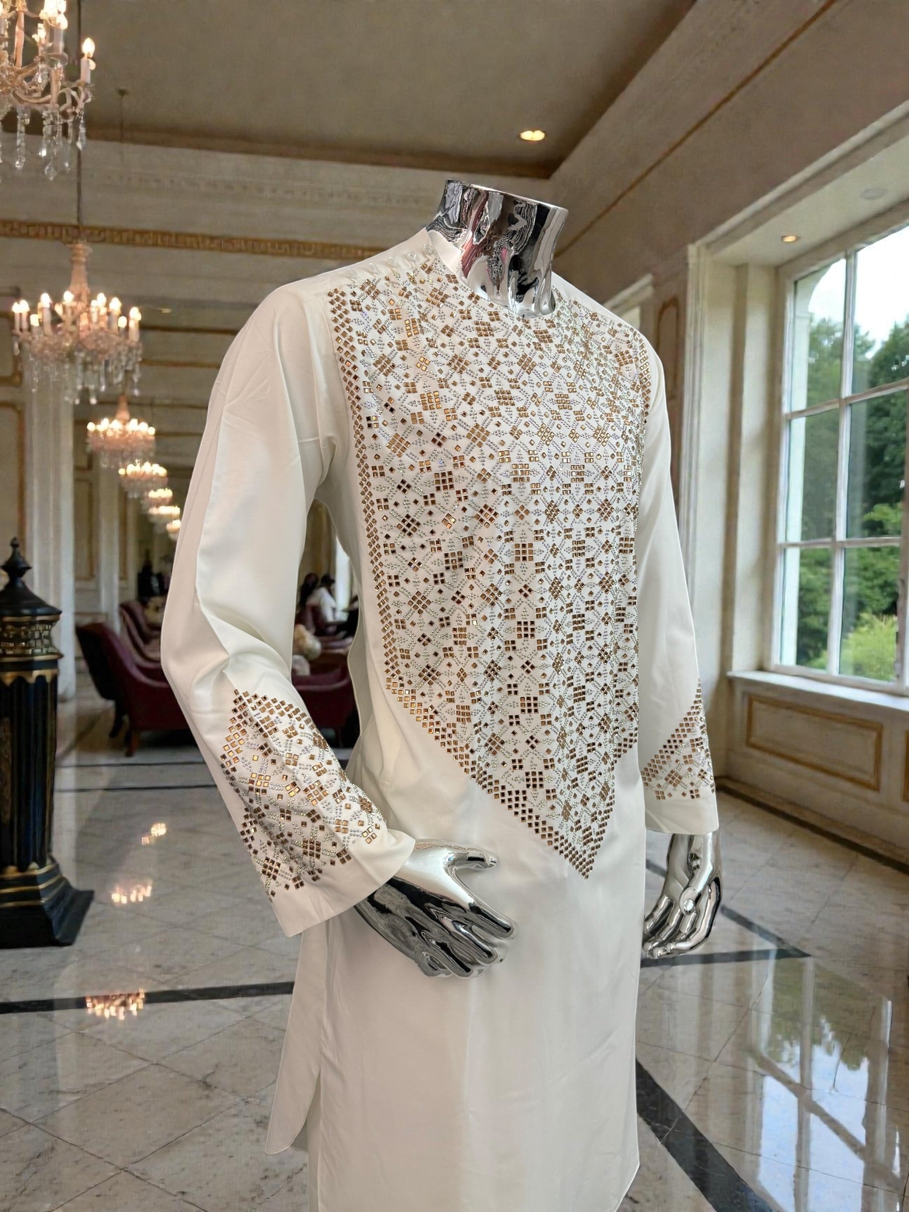 XL Off-White Afghan Kameez 3-Piece Set with Gold Shesha Work | Traditional Men’s Outfit