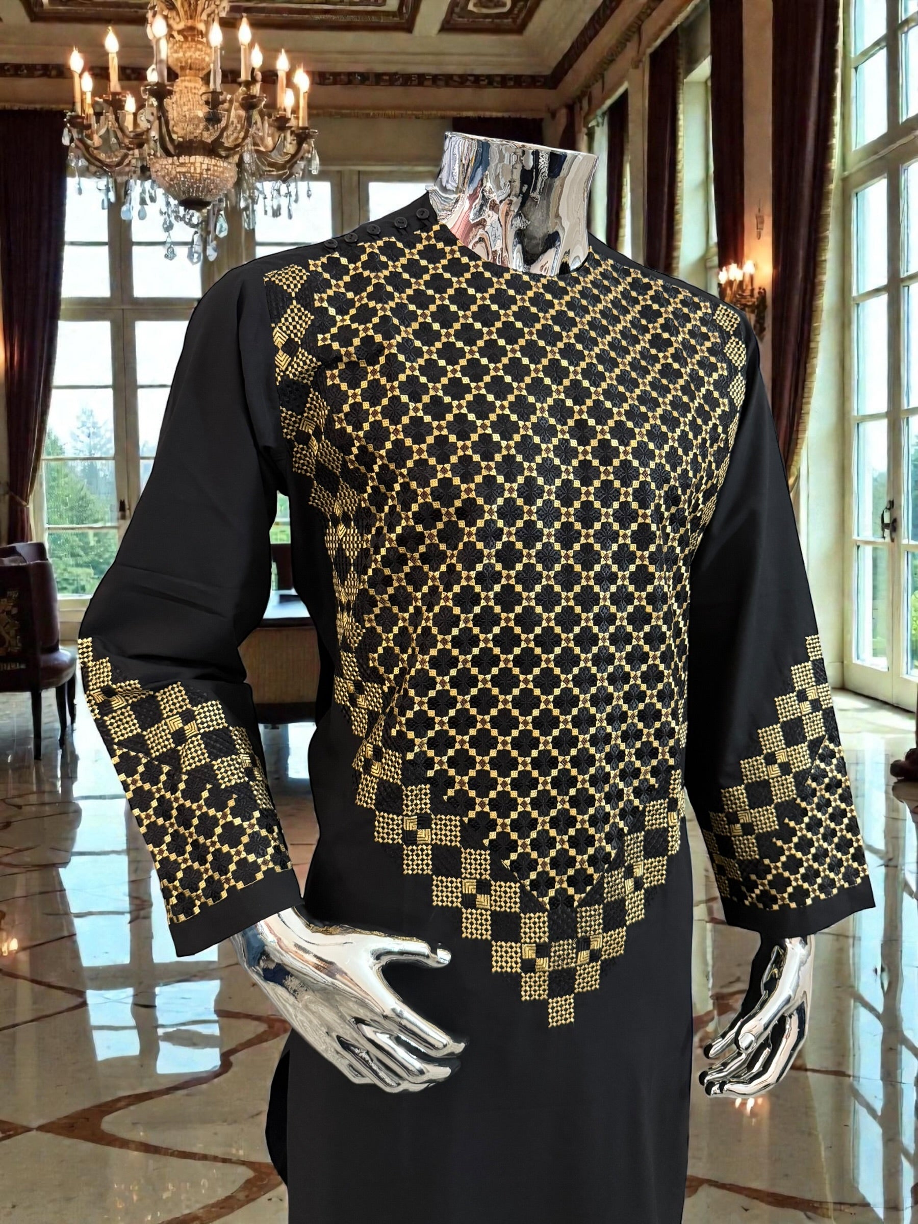 Small Black Afghan Kameez with Gold & Black Embroidery | Premium Traditional Men’s Outfit