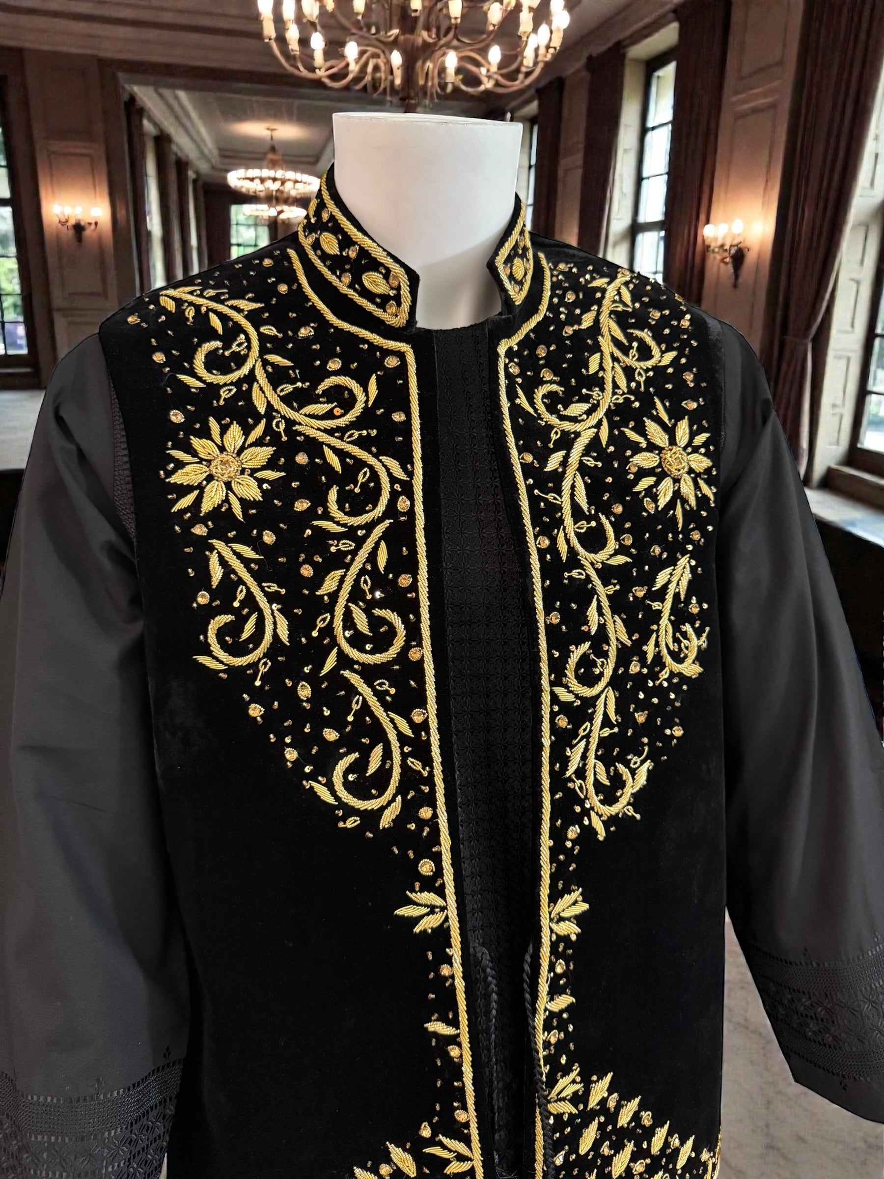 Black Velvet Waistcoat – Heavy Handmade Gold Zari & Dabka Embroidery | Luxury Wedding Medium to Large