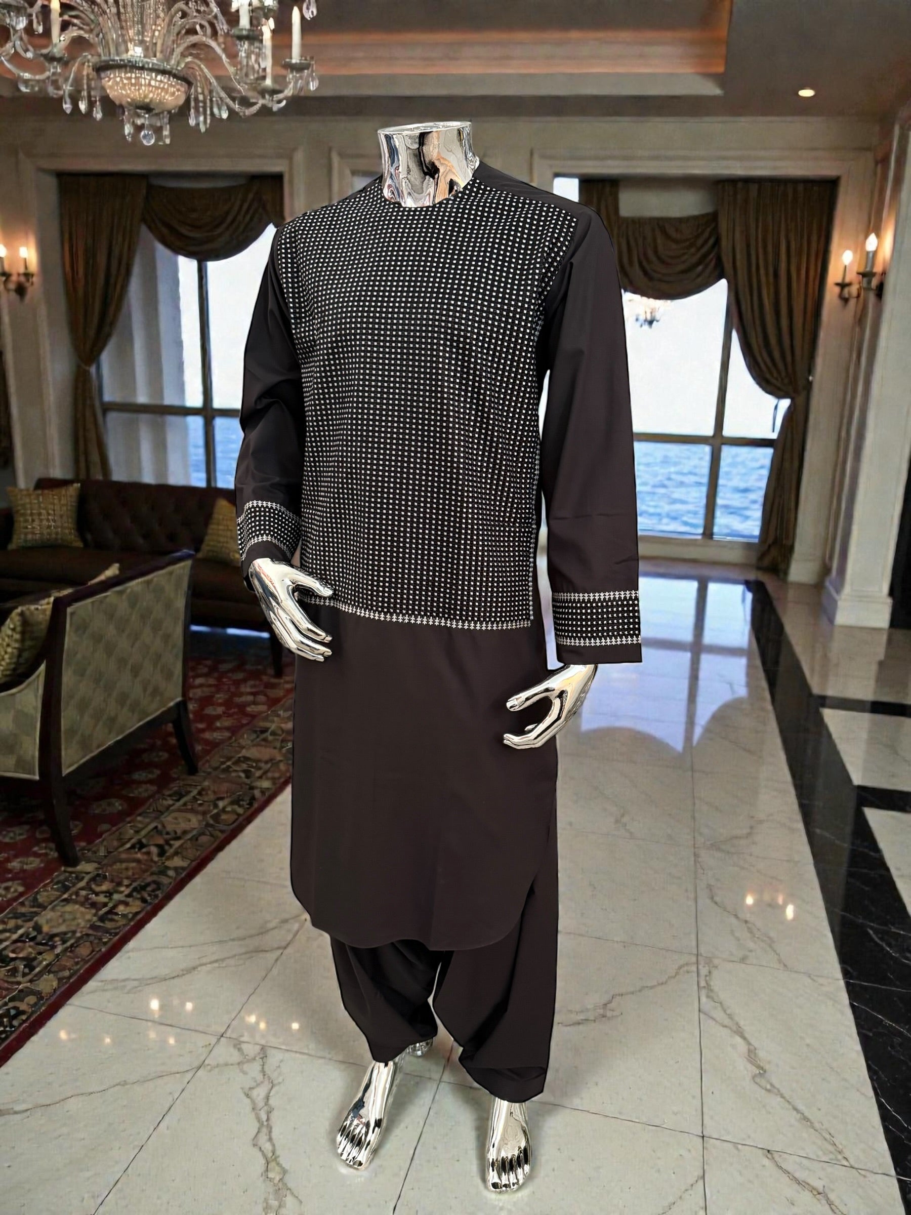 Men’s Dark Grey Parahan Tumban with White Embroidery – Afghan Traditional Outfit (Medium)