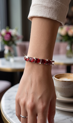 Ruby Red Rectangular Crystal Tennis Bracelet – Silver Tone Statement Bracelet for Women 7111