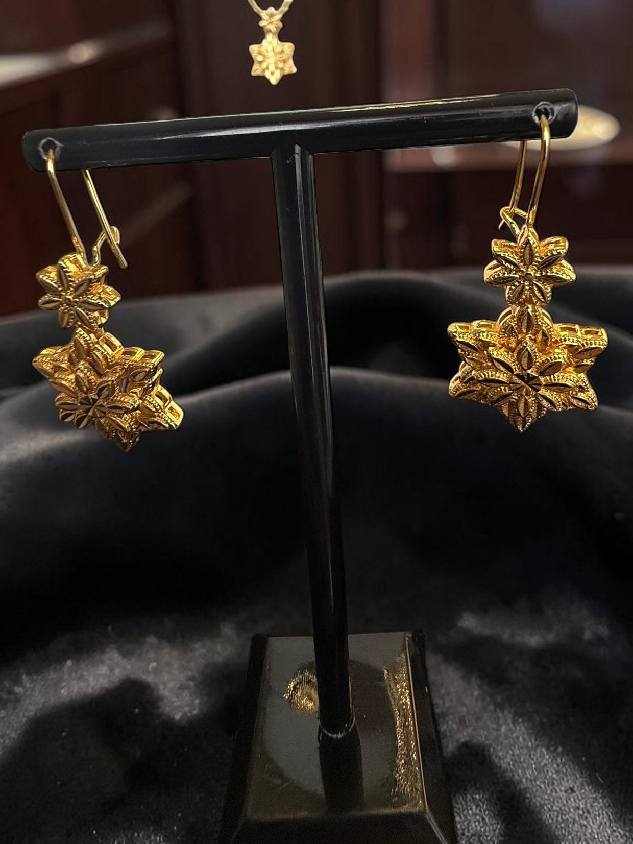 Gold Plated Brass Floral Pendant Necklace & Dangle Earrings Set for Women | Traditional Flower Jewelry Set 6091