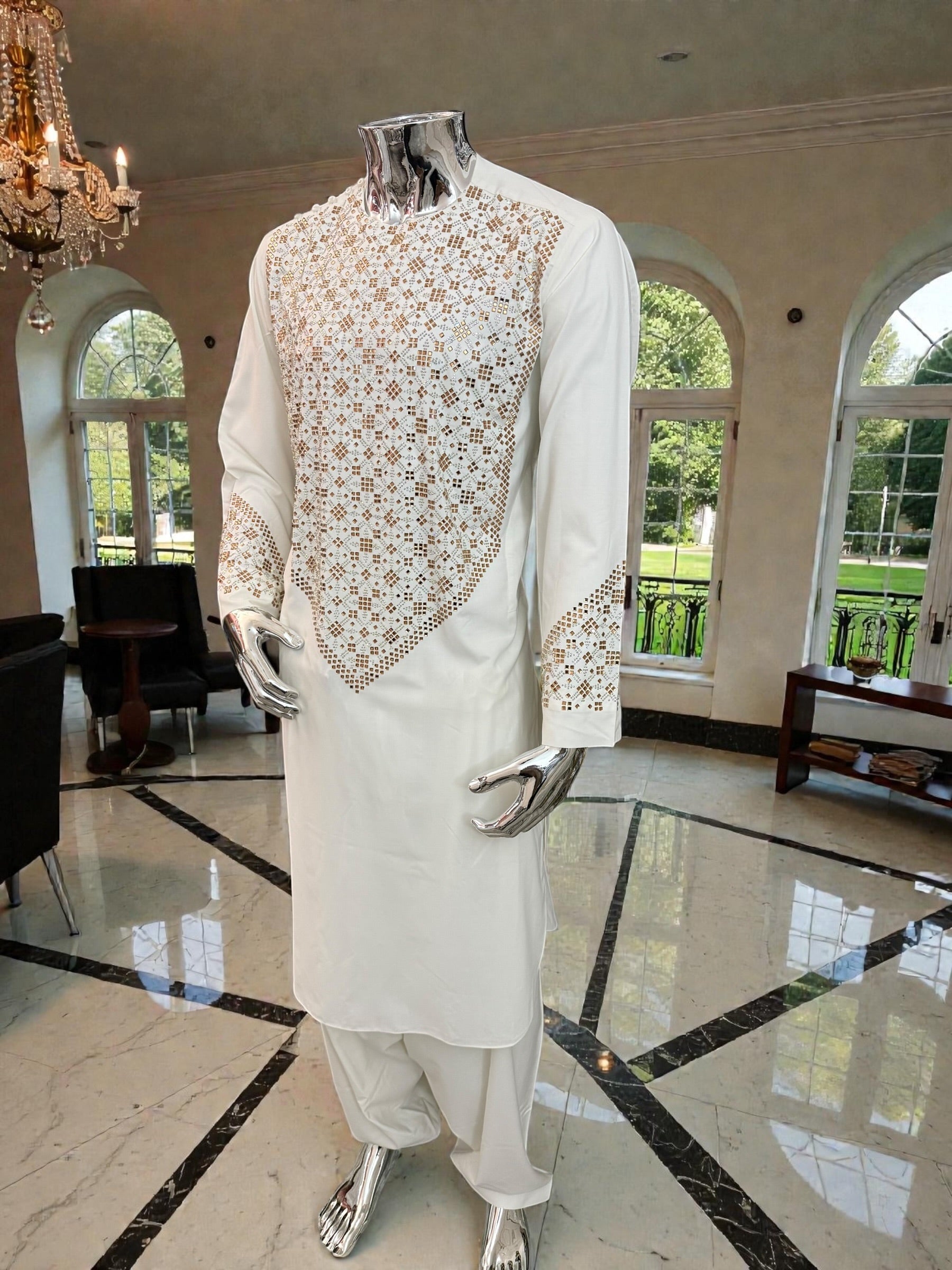 XL Off-White Afghan Kameez 3-Piece Set with Gold Shesha Work | Traditional Men’s Outfit
