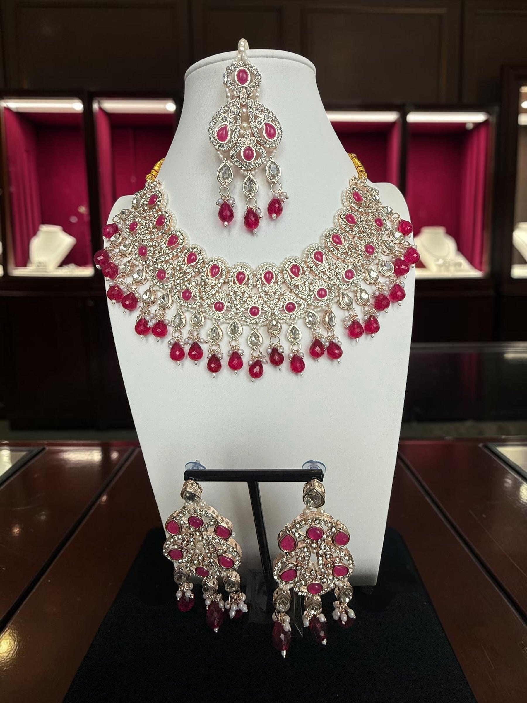 Ruby Red Kundan Bridal Jewelry Set with Earrings & Maang Tikka | Rose Gold Indian Pakistani Afghan Wedding Necklace | Gift Box Included 6047