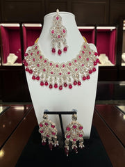 Ruby Red Kundan Bridal Jewelry Set with Earrings & Maang Tikka | Rose Gold Indian Pakistani Afghan Wedding Necklace | Gift Box Included 6047