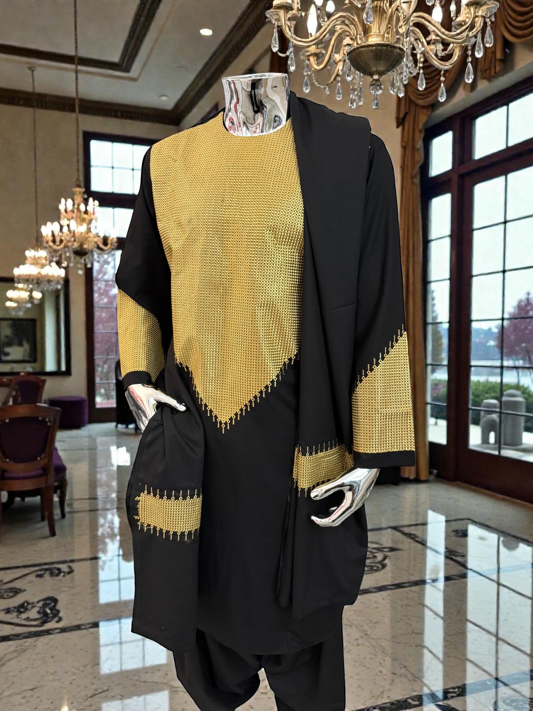 Men’s Black Parahan Tumban with Gold Embroidery & Matching Shawl | Afghan Traditional Outfit Large to X-Large