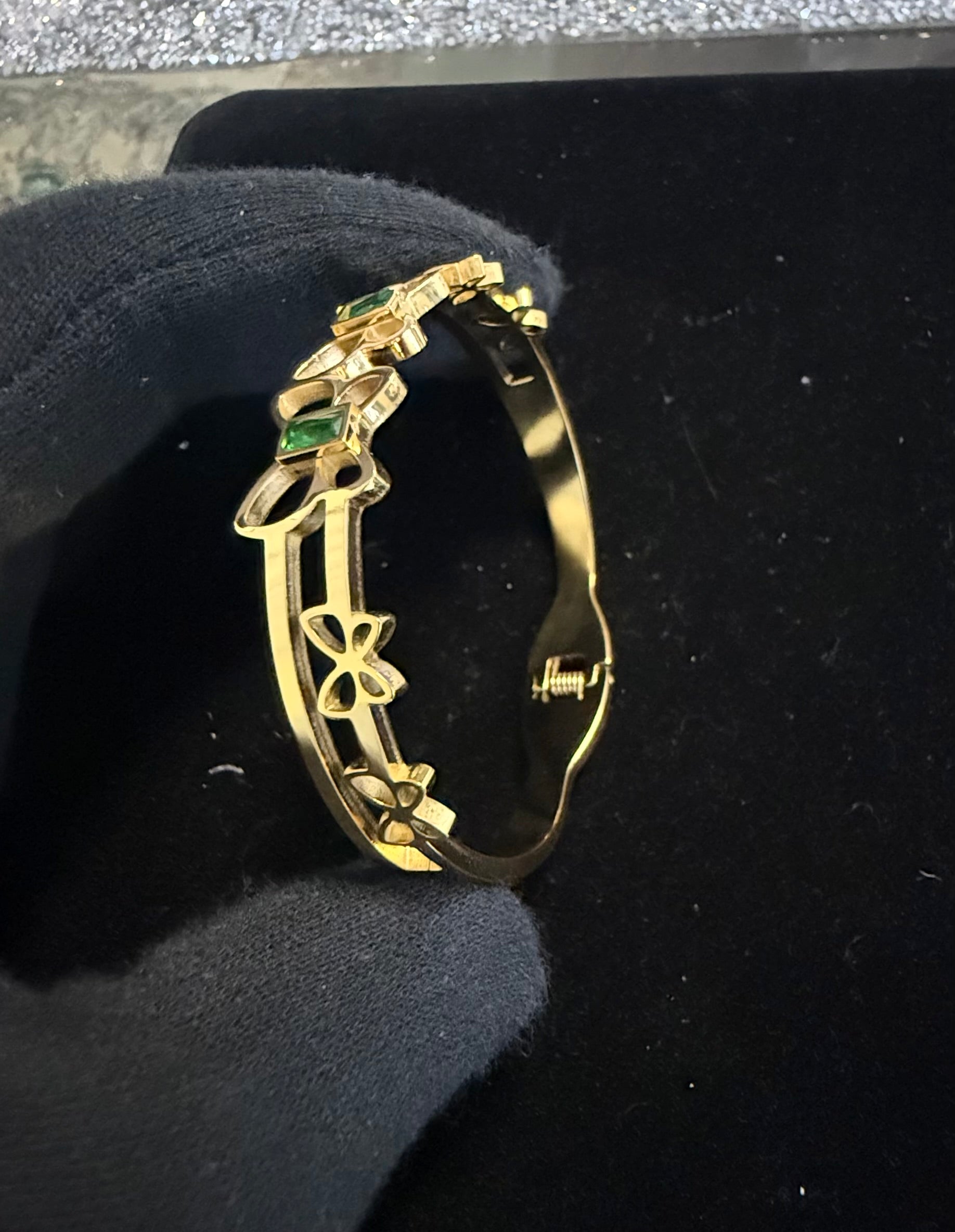 Gold Tone Stainless Steel Butterfly Bangle Bracelet with Green Stone Accents 8063