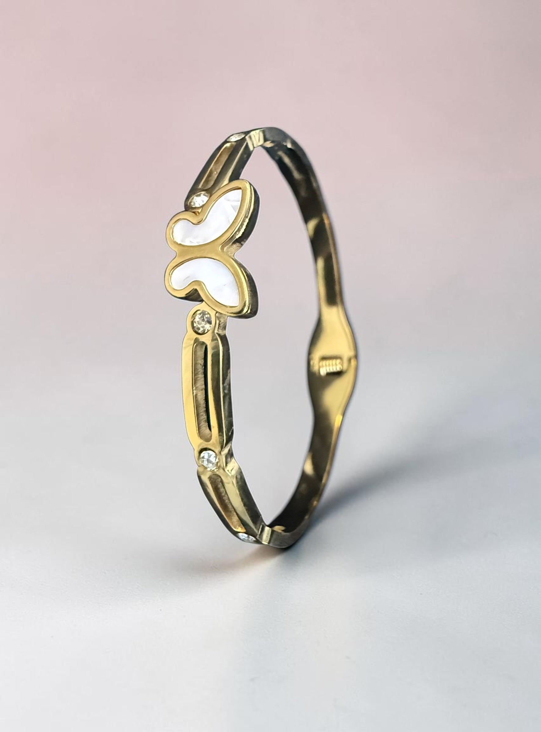 Gold-Tone White Butterfly Stretch-Open Bangle Bracelet 8059