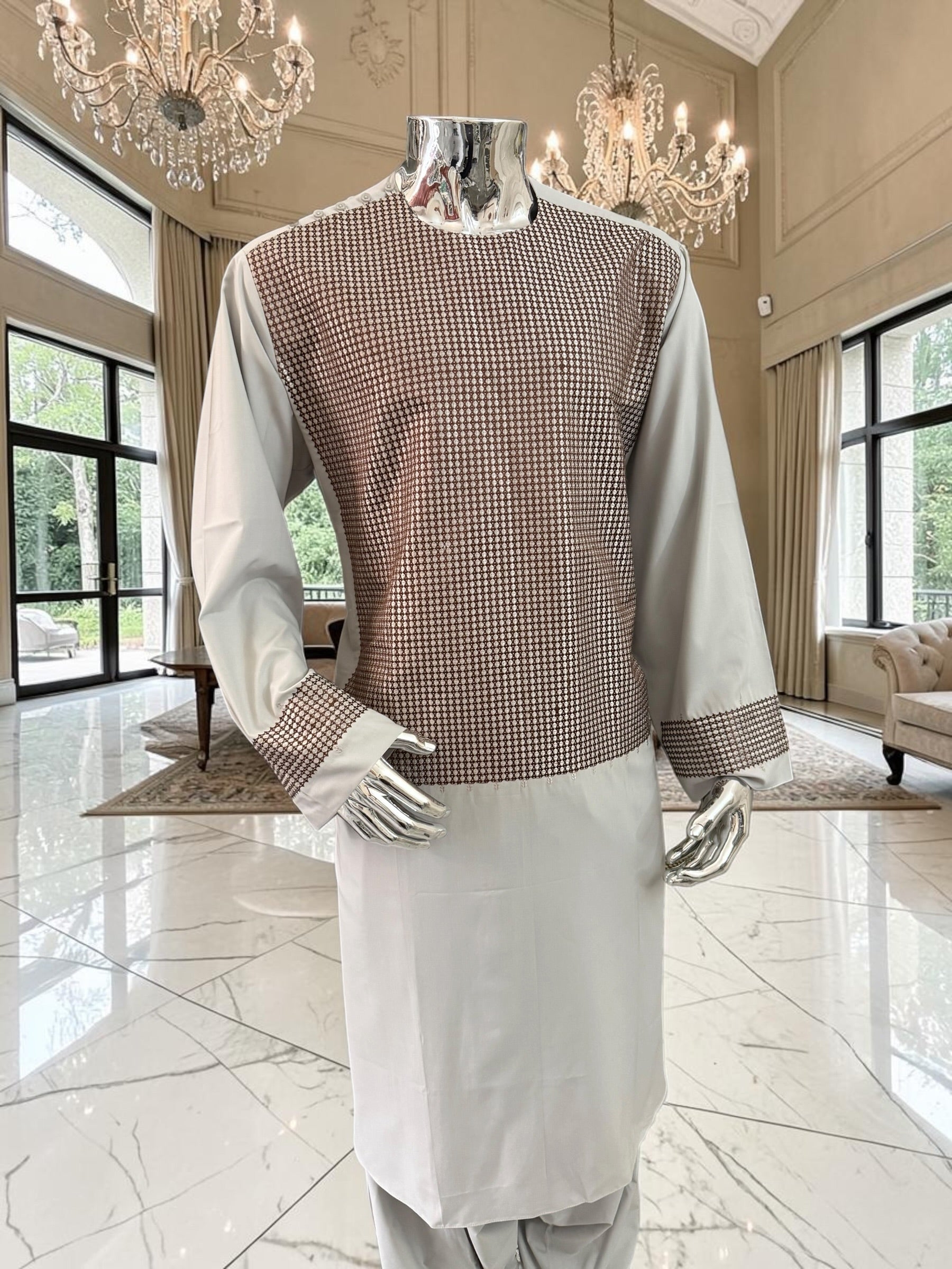X-Large Premium Gray Parahan Tunban Set with Brown Machine Embroidery