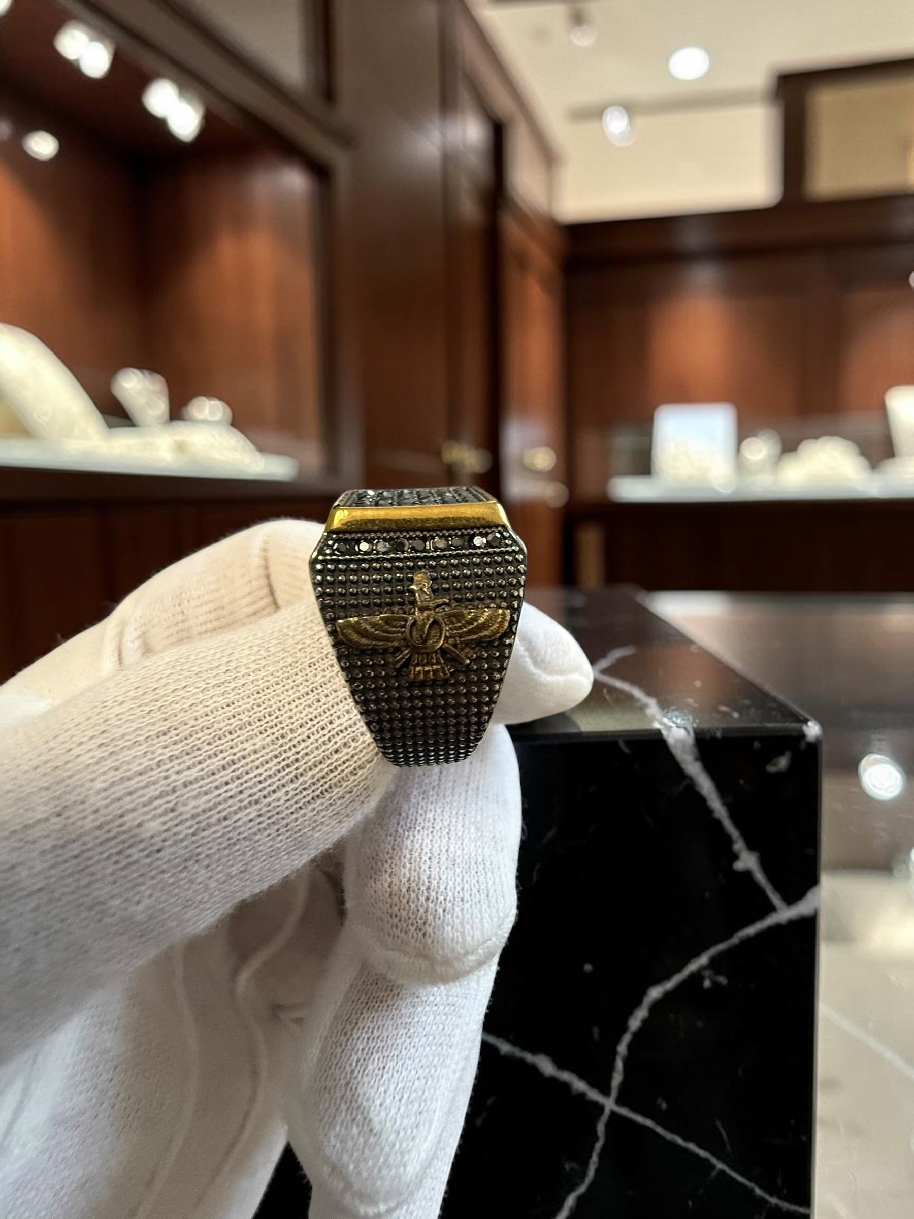 Luxury Persian Faravahar Signet Ring – Black Zircon Stainless Steel Ring – Gold & Silver Plated Vintage Zoroastrian Symbol Ring for Men & Women