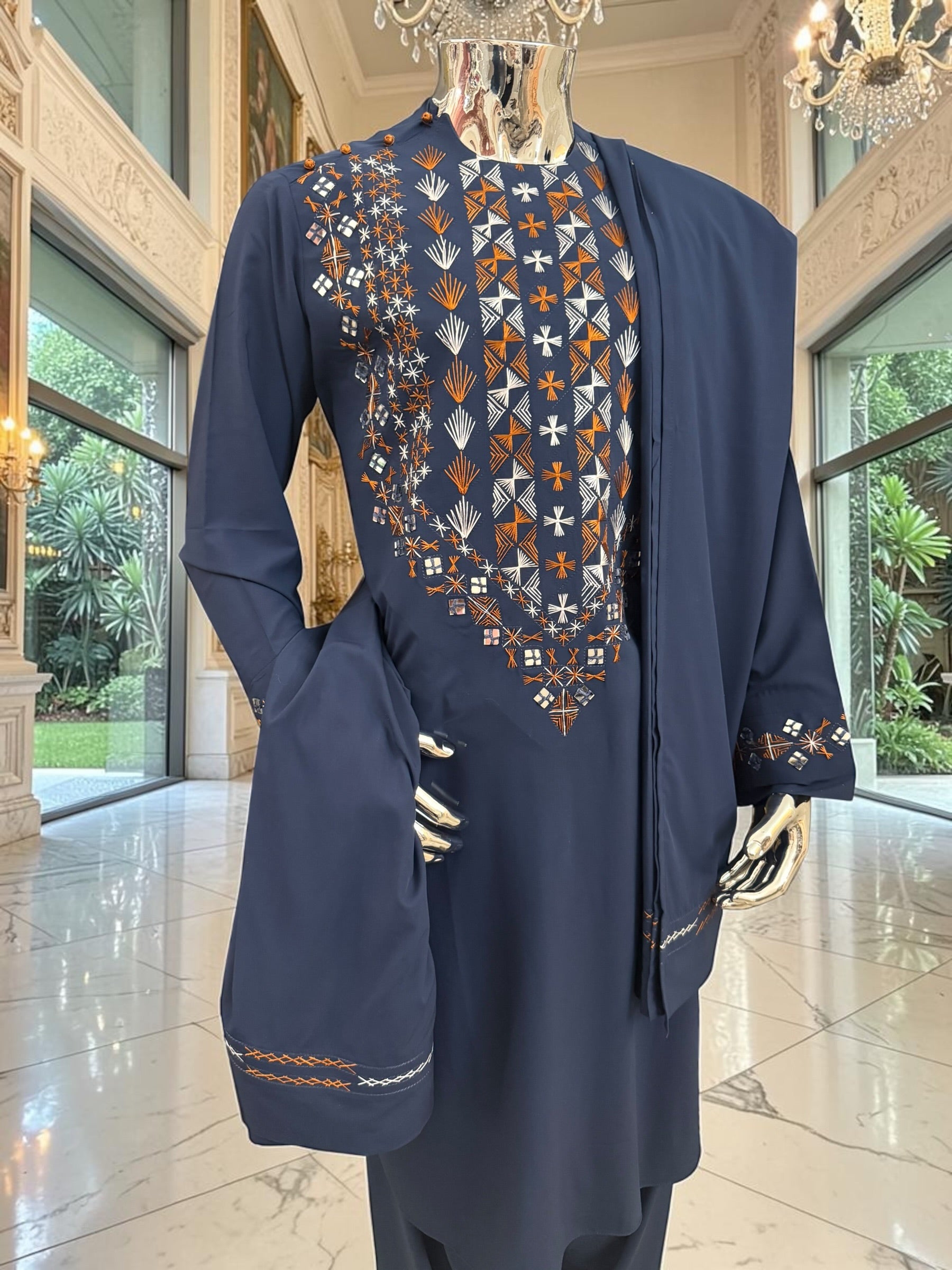 Medium Navy Blue Afghan Men’s Parahan Tunban Set – Hand Embroidery & Mirror Work with Matching Chadder/patto