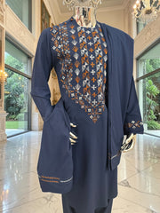 Medium Navy Blue Afghan Men’s Parahan Tunban Set – Hand Embroidery & Mirror Work with Matching Chadder/patto
