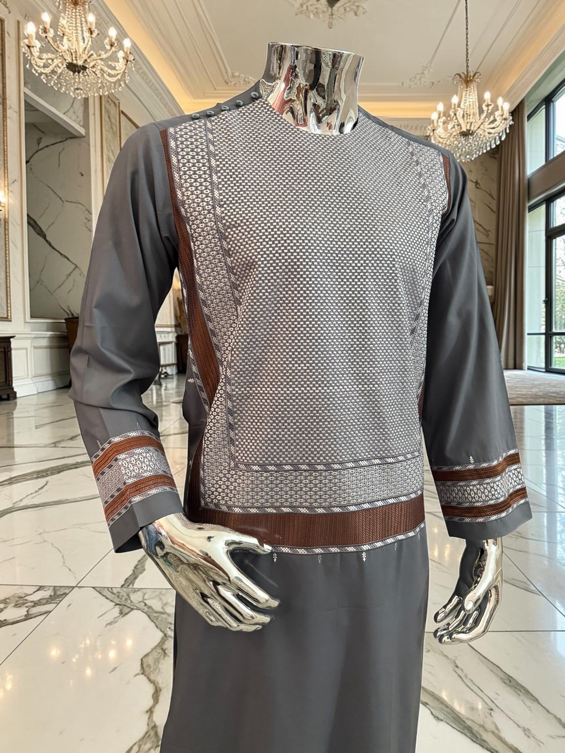Small Charcoal Grey Men’s Shalwar Kameez Yakhandozi with white & Bronze Embroidery | Premium Traditional Wear