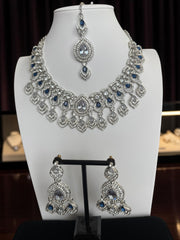 Luxury Silver Tone Sapphire Blue Crystal Bridal Jewelry Set | Statement Necklace, Earrings & Maang Tikka | Wedding Jewelry with Black Gift Box 6028