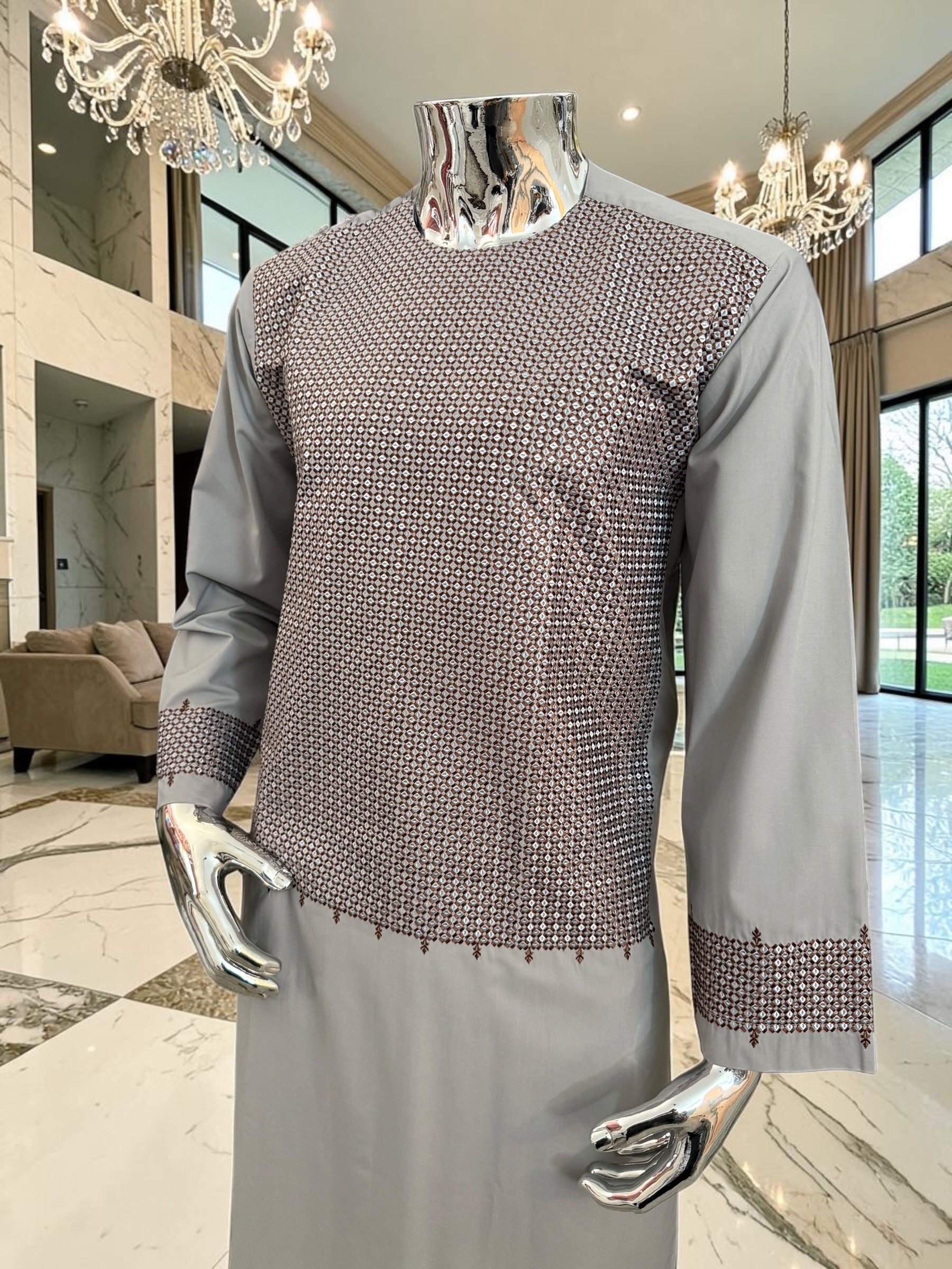 Medium Men’s Light Gray Parahan Tumban with Brown Embroidery – Afghan Traditional Outfit