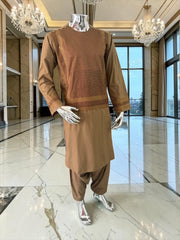 Small Premium Brown Machine Embroidered Parahan Tunban Set with Matching Chadder