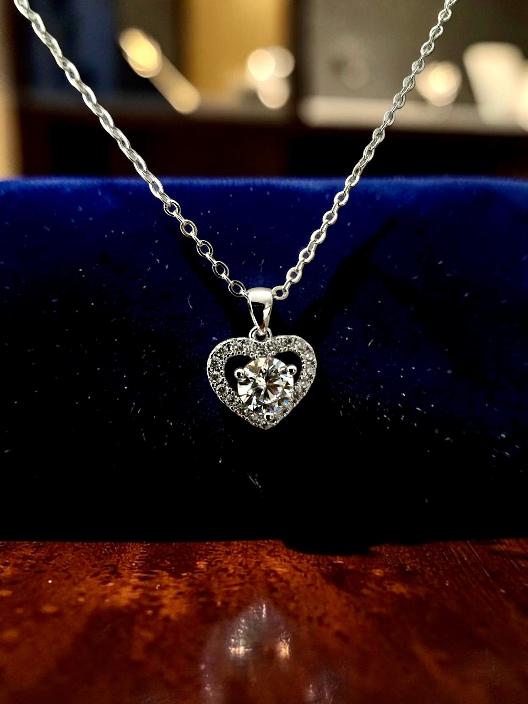 1 Carat Round Cut Moissanite Heart Pendant Necklace – Silver Tone Halo Necklace with GRA Certificate & Jewelry Box 7062