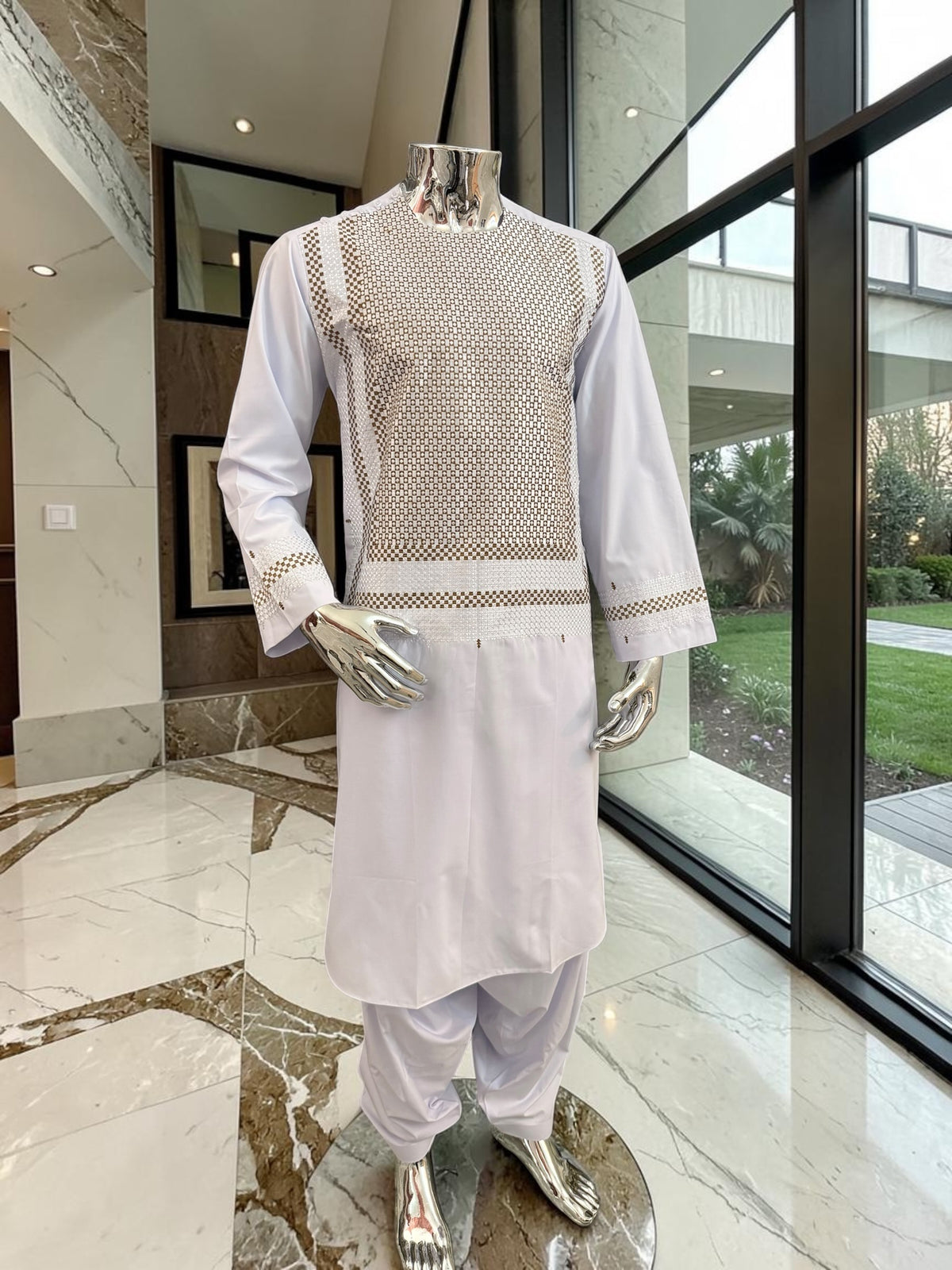 Small White Premium Machine Embroidered Afghan Parahan Tunban Set