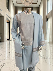 Large Men’s Light Blue Afghan Parahan Tunban with Khamakdozi-Inspired Machine Embroidery 7201