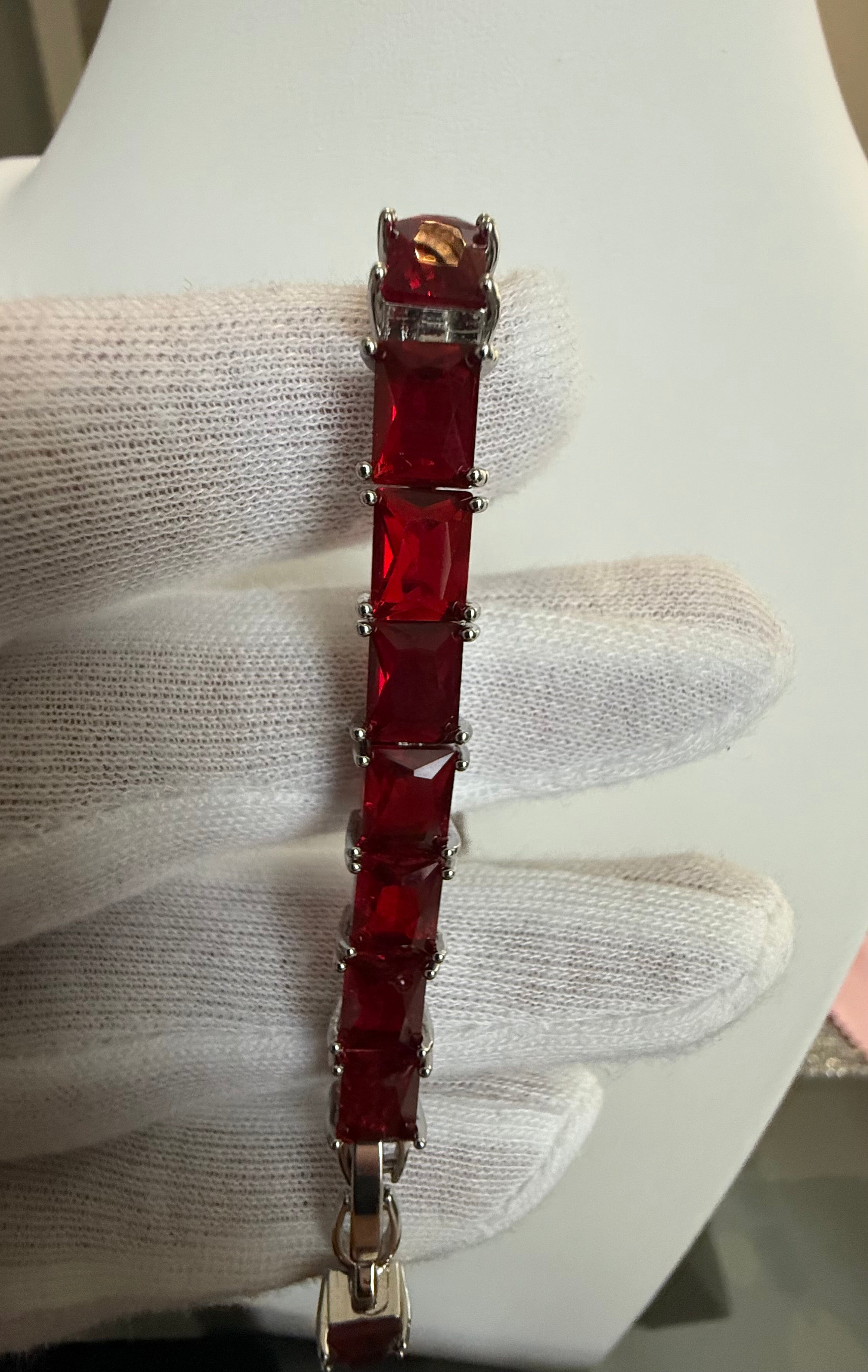 Ruby Red Rectangular Crystal Tennis Bracelet – Silver Tone Statement Bracelet for Women 7111